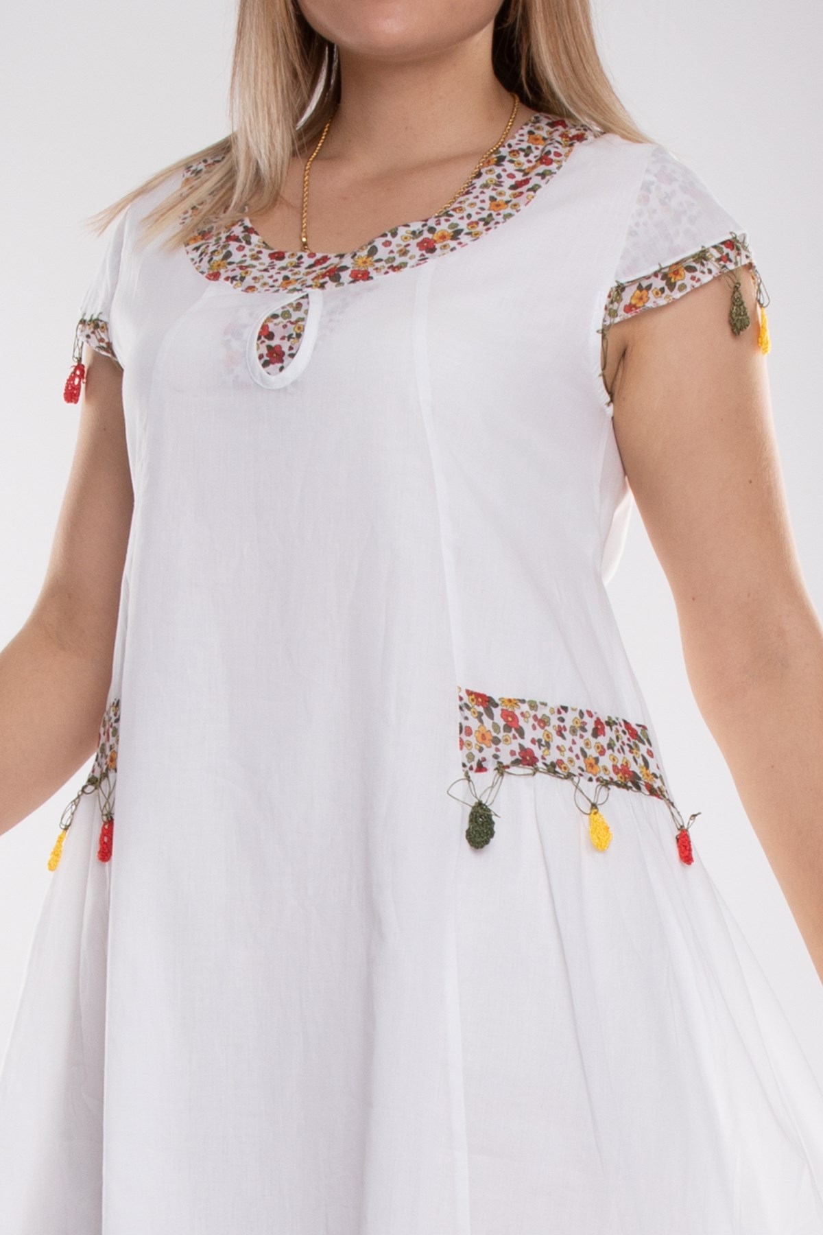 9115 Oya İşli Eteği Parçalı Katlı Kısa Kol Pmauk Otantik Elbise