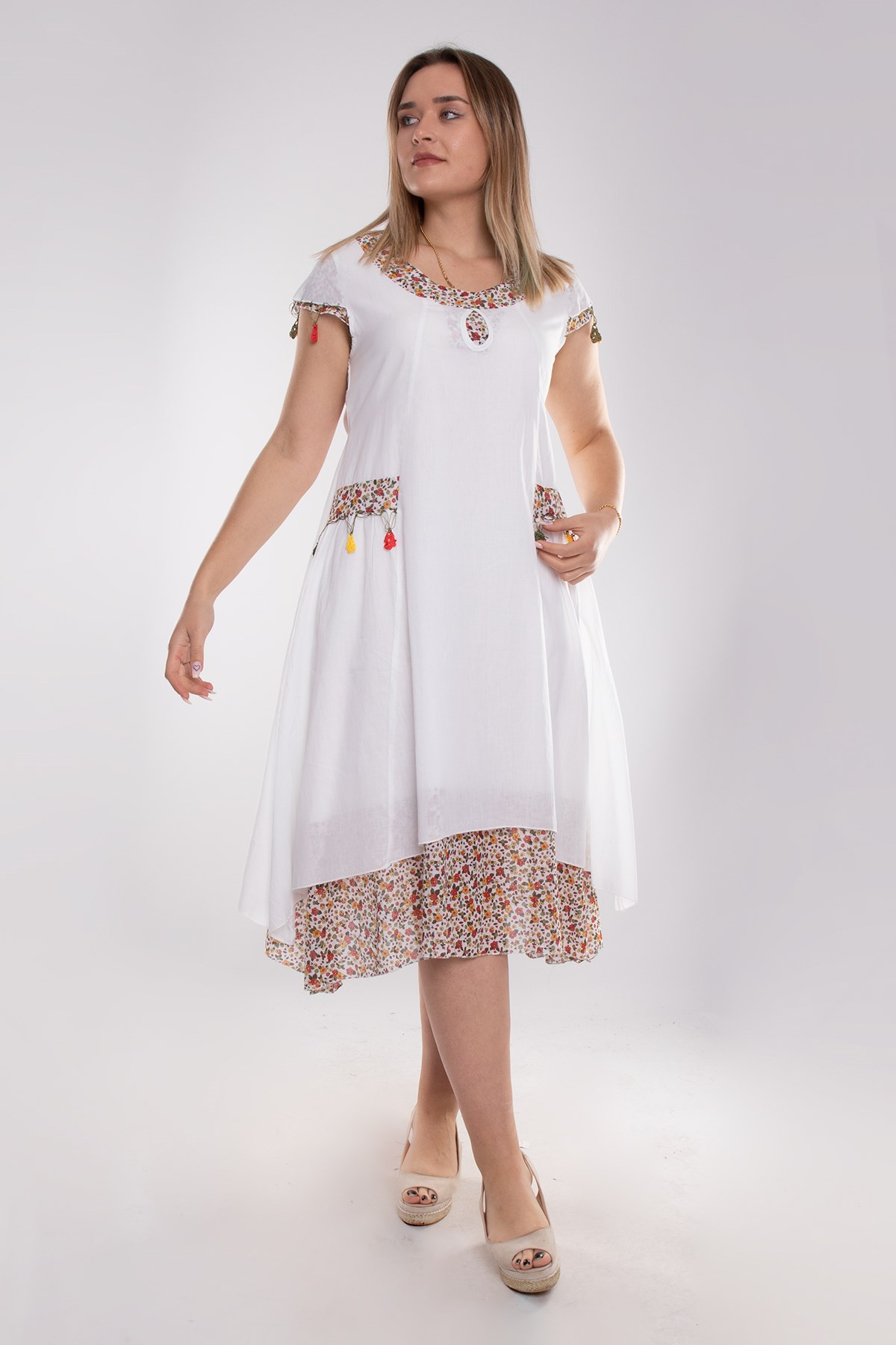 9115 Oya İşli Eteği Parçalı Katlı Kısa Kol Pmauk Otantik Elbise