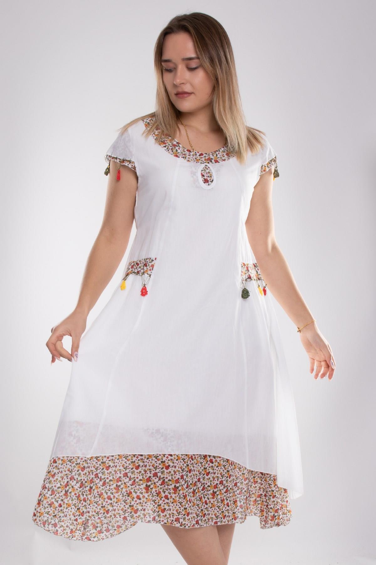 9115 Oya İşli Eteği Parçalı Katlı Kısa Kol Pamuk Otantik Elbise