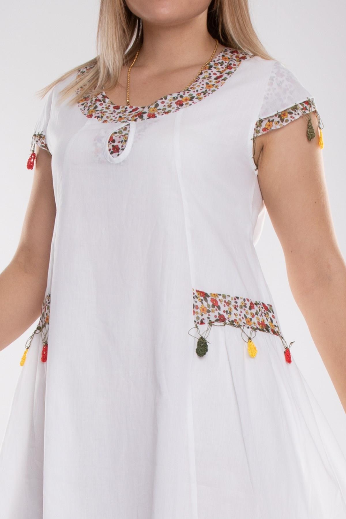 9115 Oya İşli Eteği Parçalı Katlı Kısa Kol Pamuk Otantik Elbise