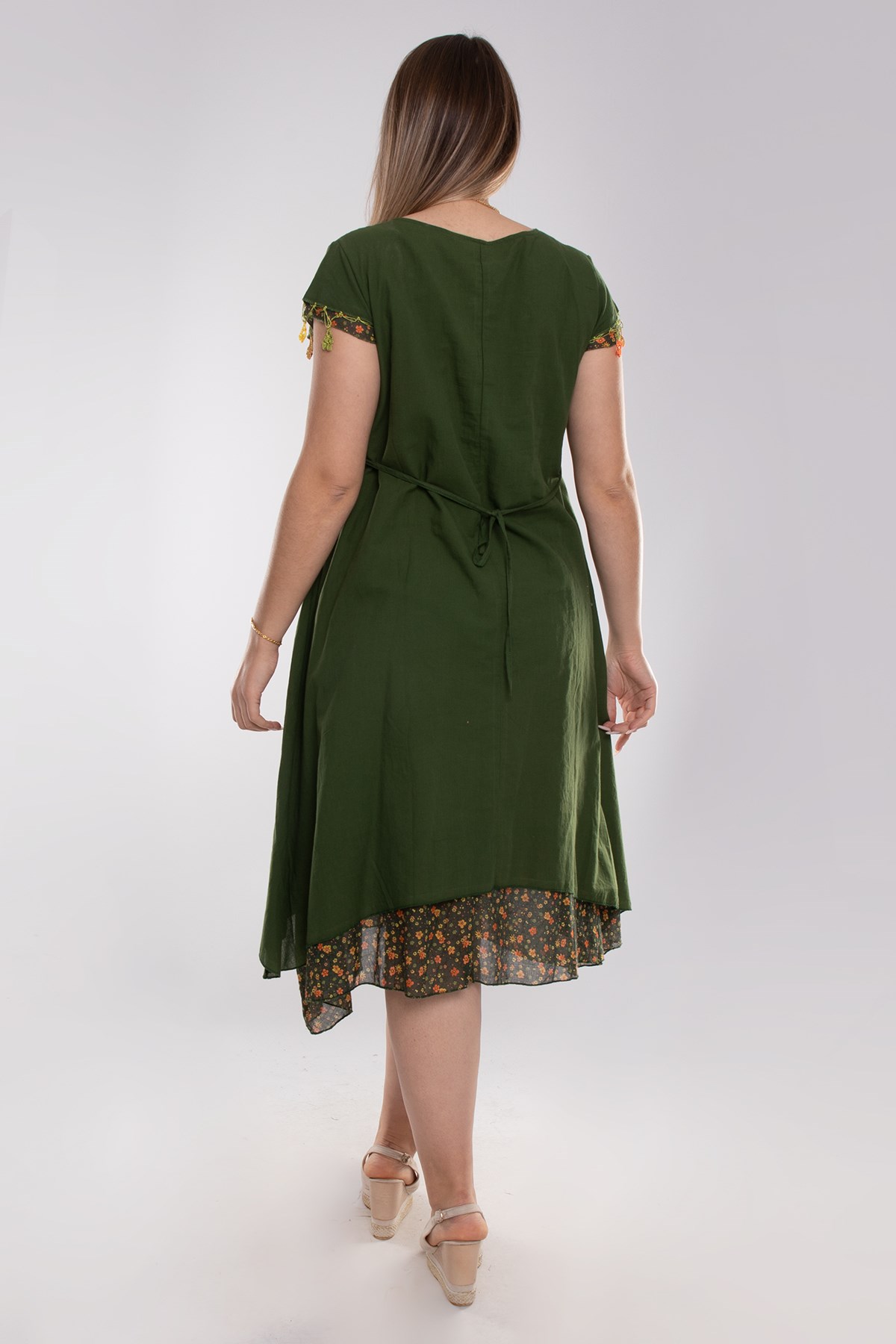 9115 Oya İşli Eteği Parçalı Katlı Kısa Kol Pmauk Otantik Elbise