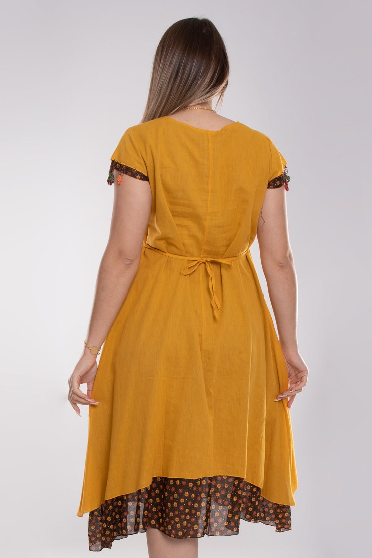 9115 Oya İşli Eteği Parçalı Katlı Kısa Kol Pamuk Otantik Elbise