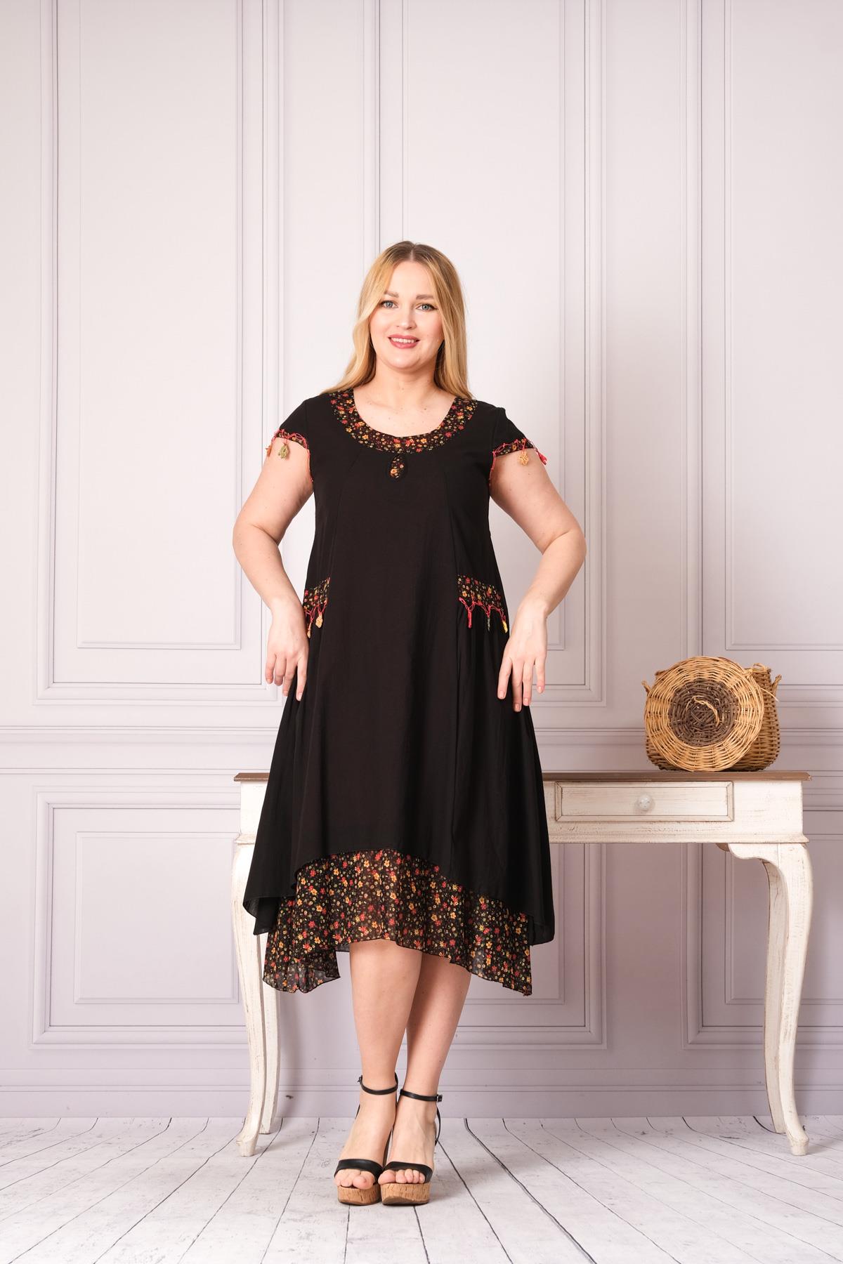 9115 Oya İşli Eteği Parçalı Katlı Kısa Kol Pamuk Otantik Elbise