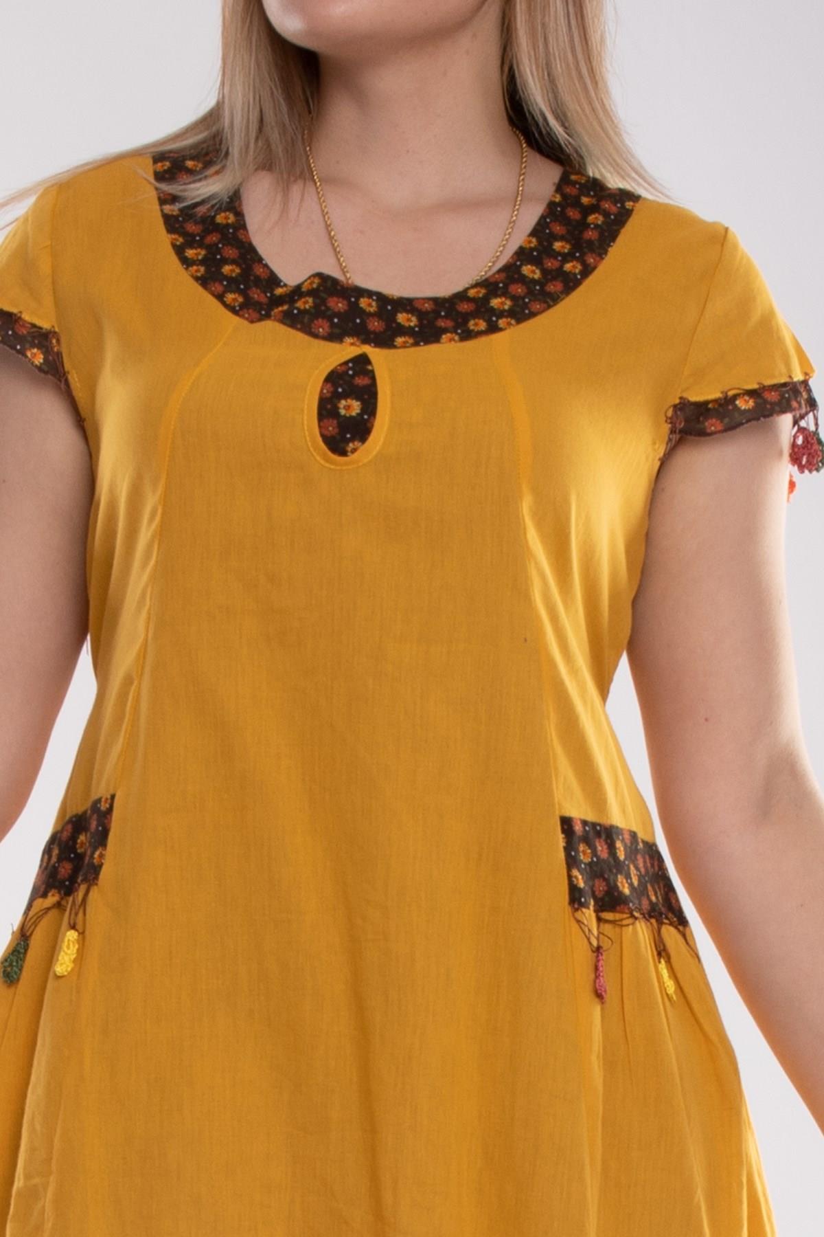 9115 Oya İşli Eteği Parçalı Katlı Kısa Kol Pamuk Otantik Elbise