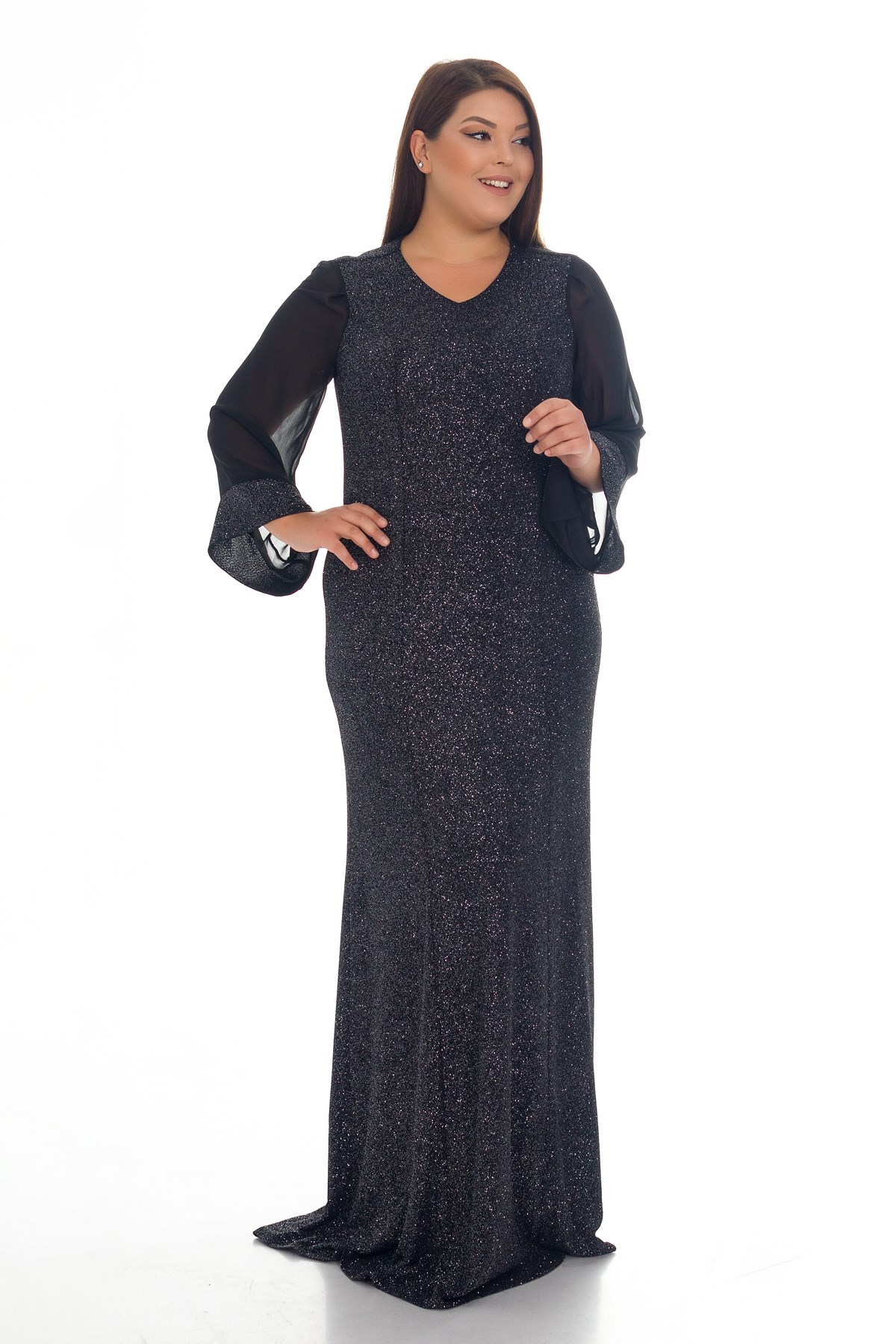 9125 BB Sim Kumaş Tül Kol Uzun Elbise