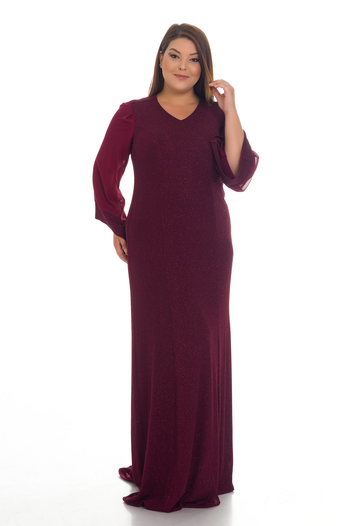 9125 BB Sim Kumaş Tül Kol Uzun Elbise