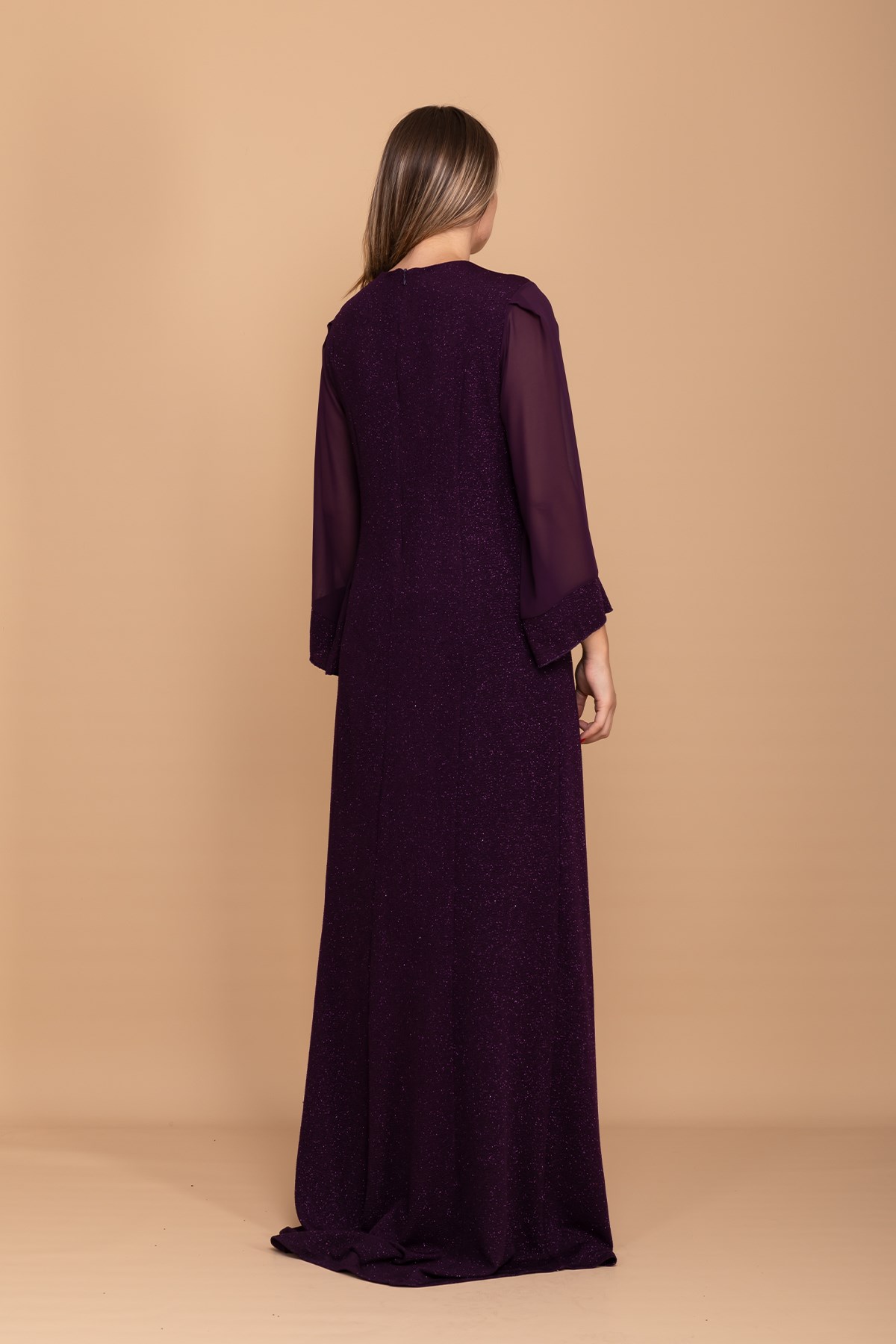 9125 BB Sim Kumaş Tül Kol Uzun Elbise