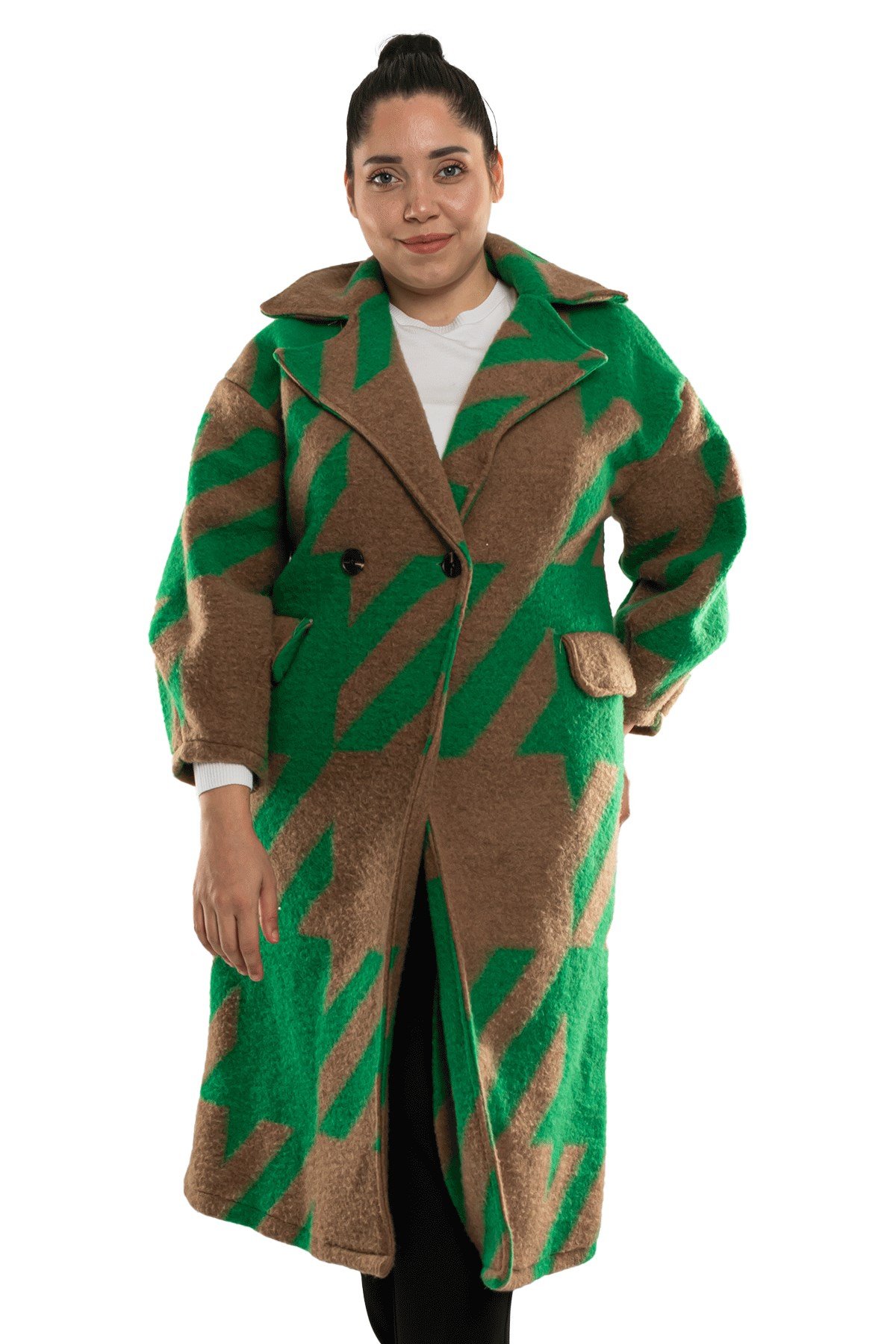 9137 Büyük Beden Kazayağı Desen Kadın Kaşe Kaban