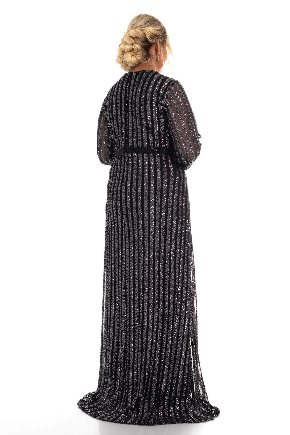 9138 BB Şerit Pulpayet Detay Uzun Elbise