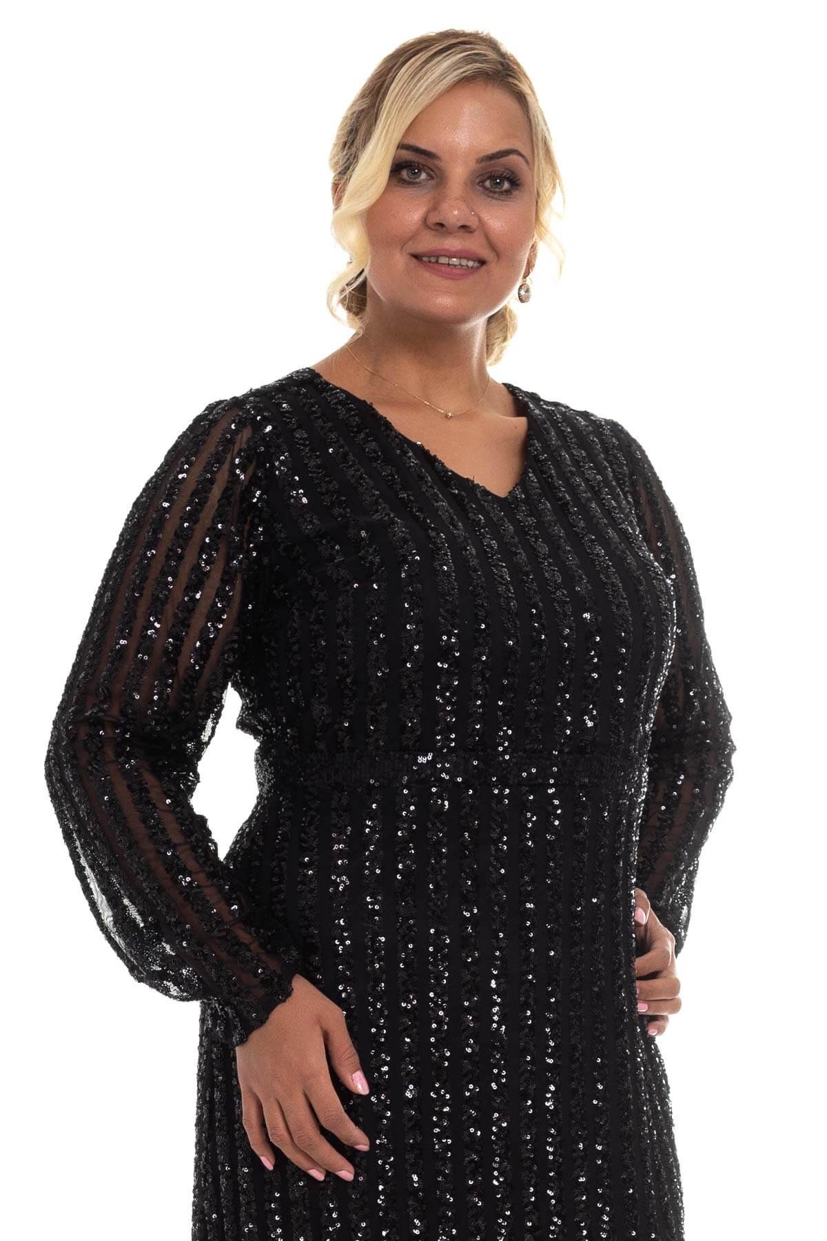 9138 BB Şerit Pulpayet Detay Uzun Elbise