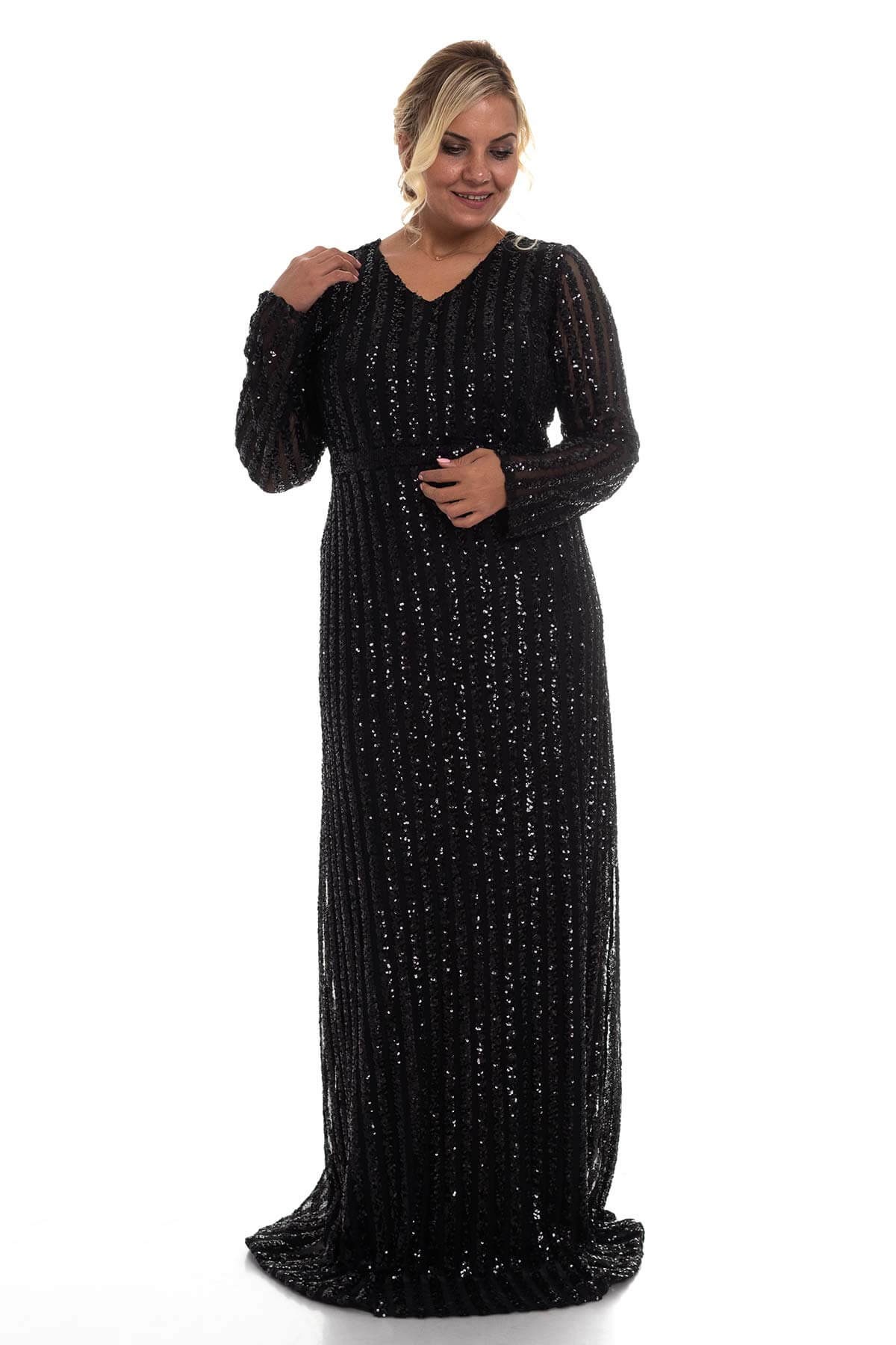 9138 BB Şerit Pulpayet Detay Uzun Elbise