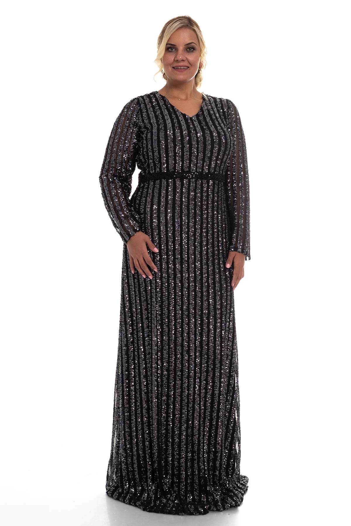 9138 BB Şerit Pulpayet Detay Uzun Elbise