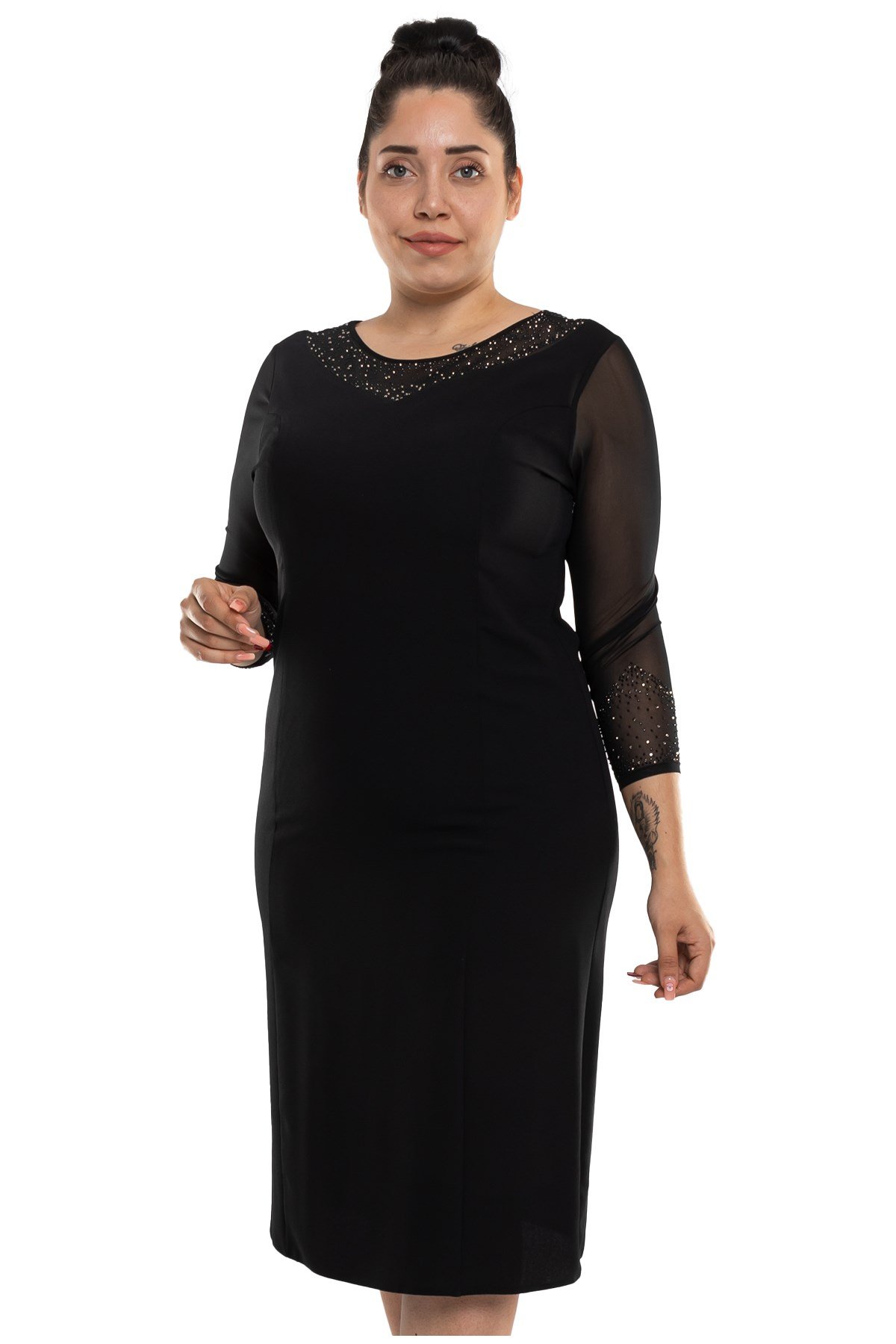 9159 BB Yakası-Kolları Taş İşleme Kısa Elbise