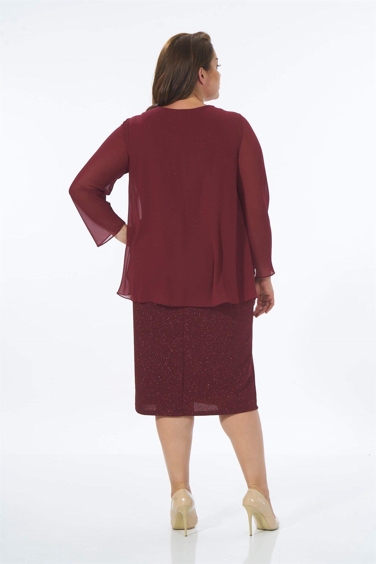 9161 Büyük Beden Tül Kol Detay Simli Kısa Elbise