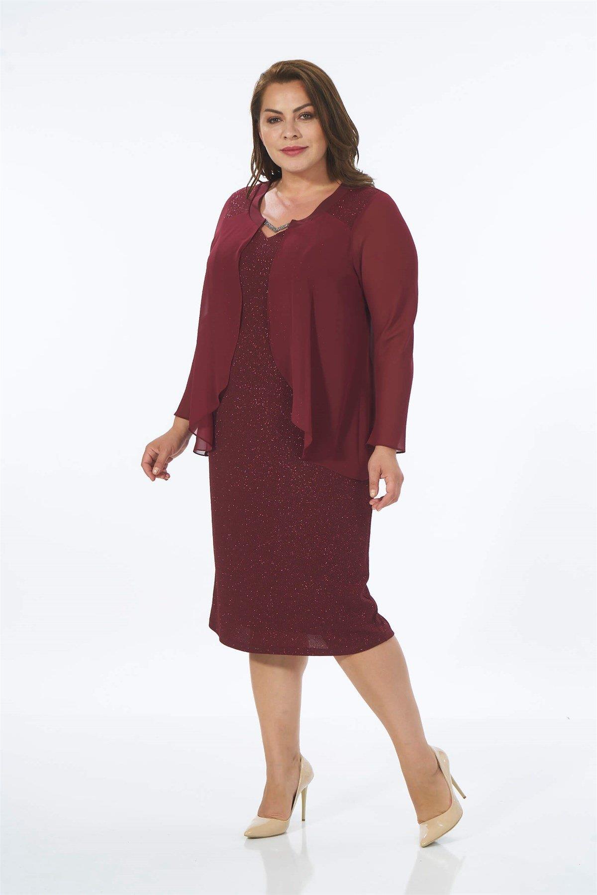 9161 Büyük Beden Tül Kol Detay Simli Kısa Elbise