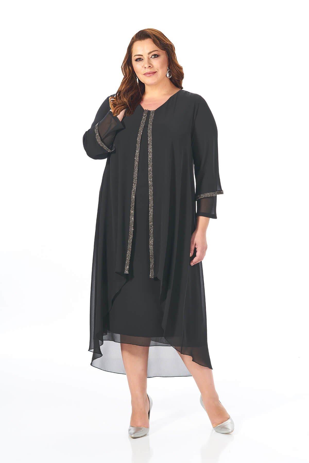 9175 Büyük Beden Şerit Taş Detay Önü Kapaklı Şifon Kısa Elbise