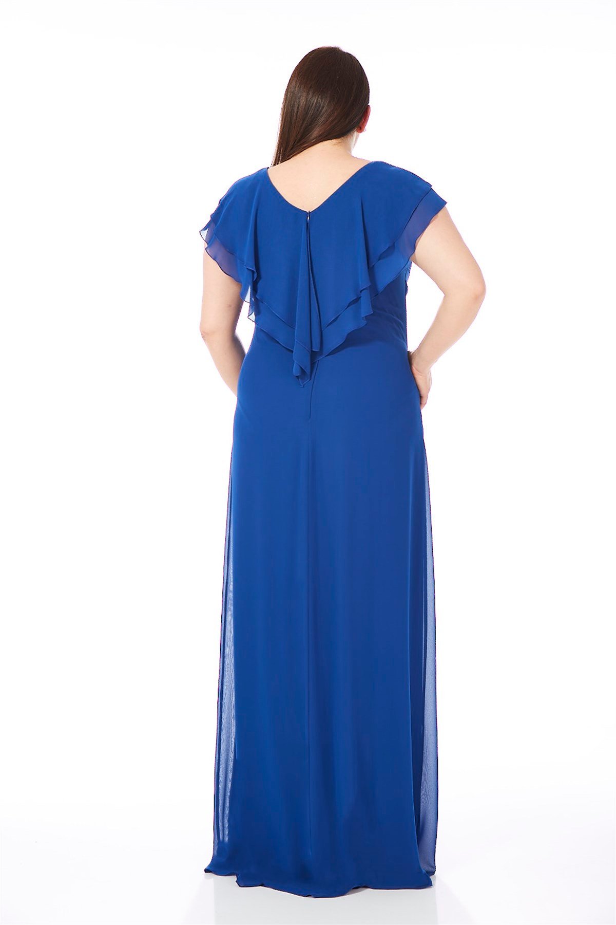 9226 BB Yakası Önü Fırfırlı Uzun Krep Şifon Elbise