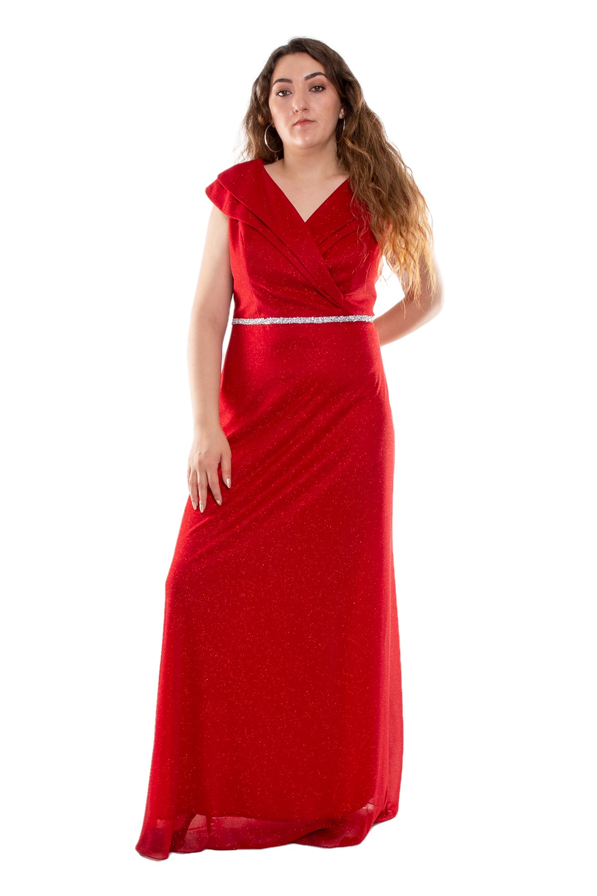 9247 Büyük Beden Çift Yaka Kruvaze Beli Şerit Simli Tül Elbise