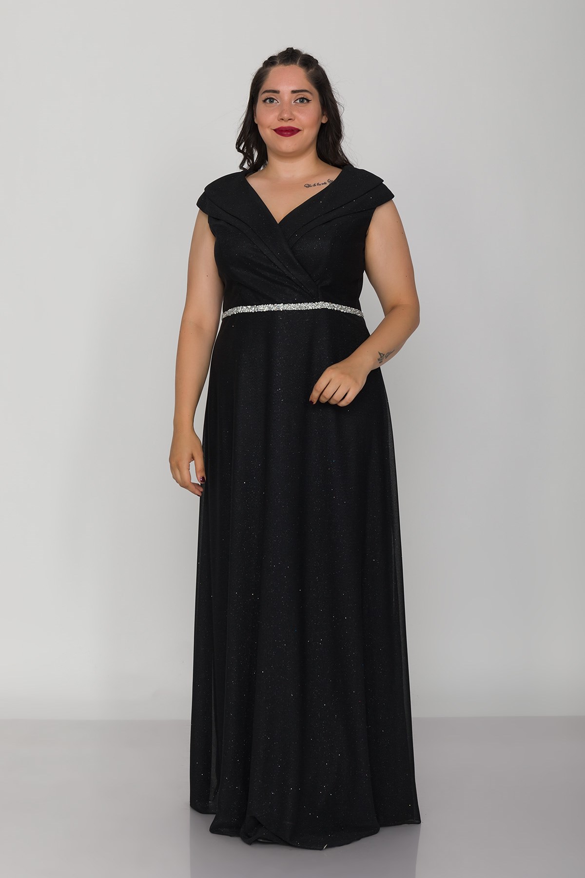 9247 Büyük Beden Çift Yaka Kruvaze Beli Şerit Simli Tül Elbise