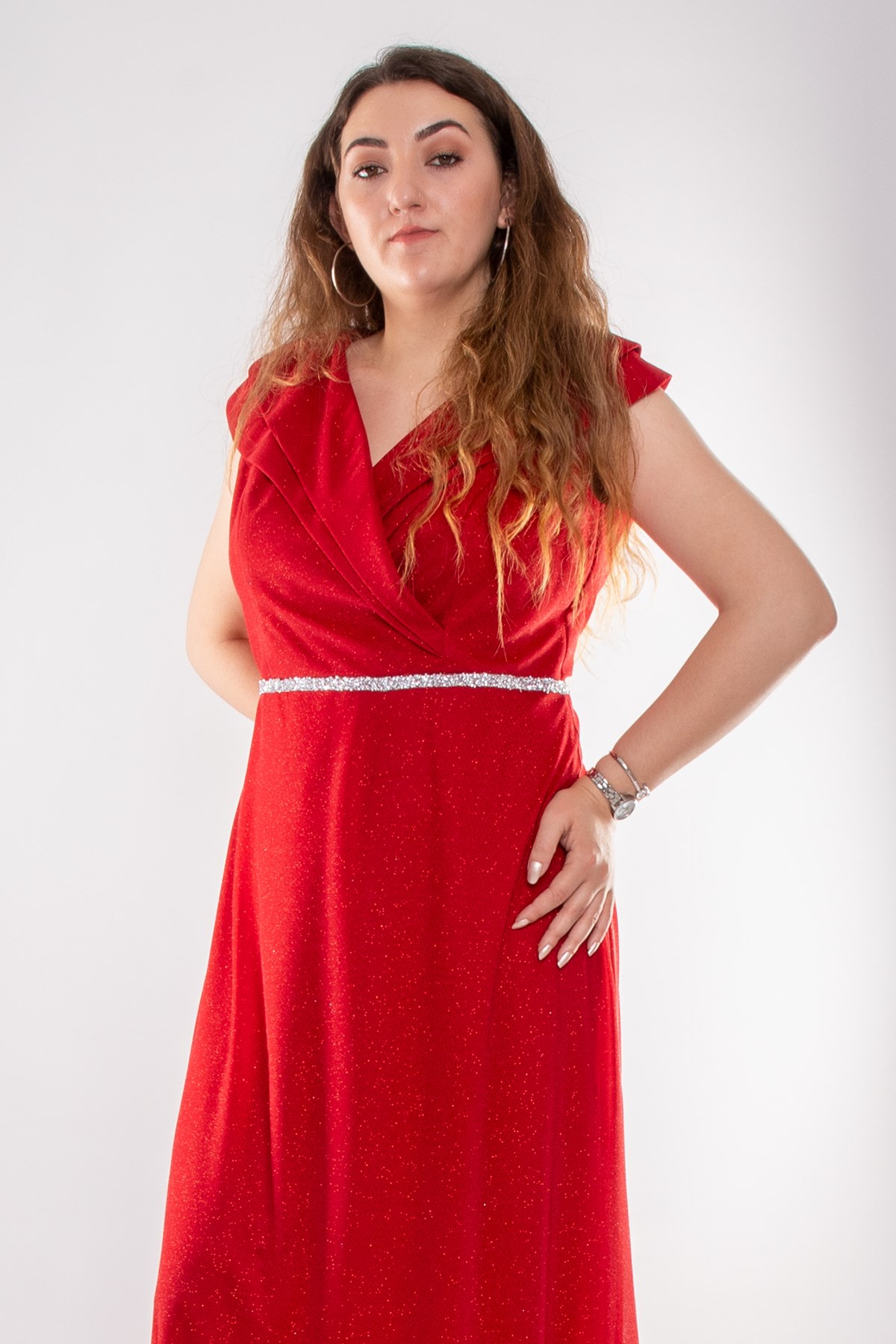 9247 Büyük Beden Çift Yaka Kruvaze Beli Şerit Simli Tül Elbise