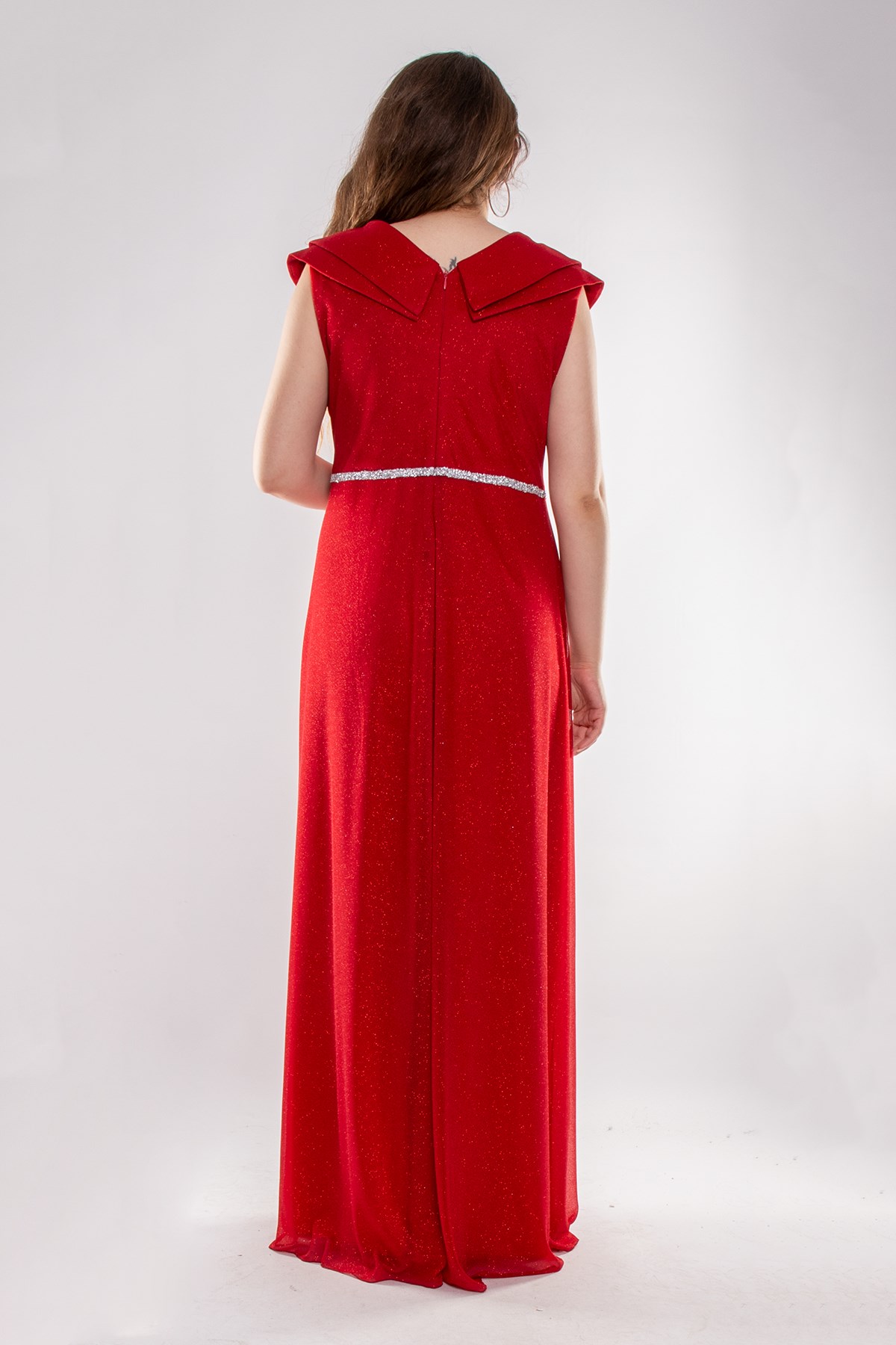 9247 Büyük Beden Çift Yaka Kruvaze Beli Şerit Simli Tül Elbise