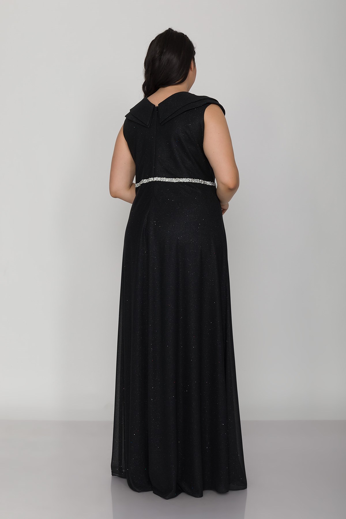 9247 Büyük Beden Çift Yaka Kruvaze Beli Şerit Simli Tül Elbise