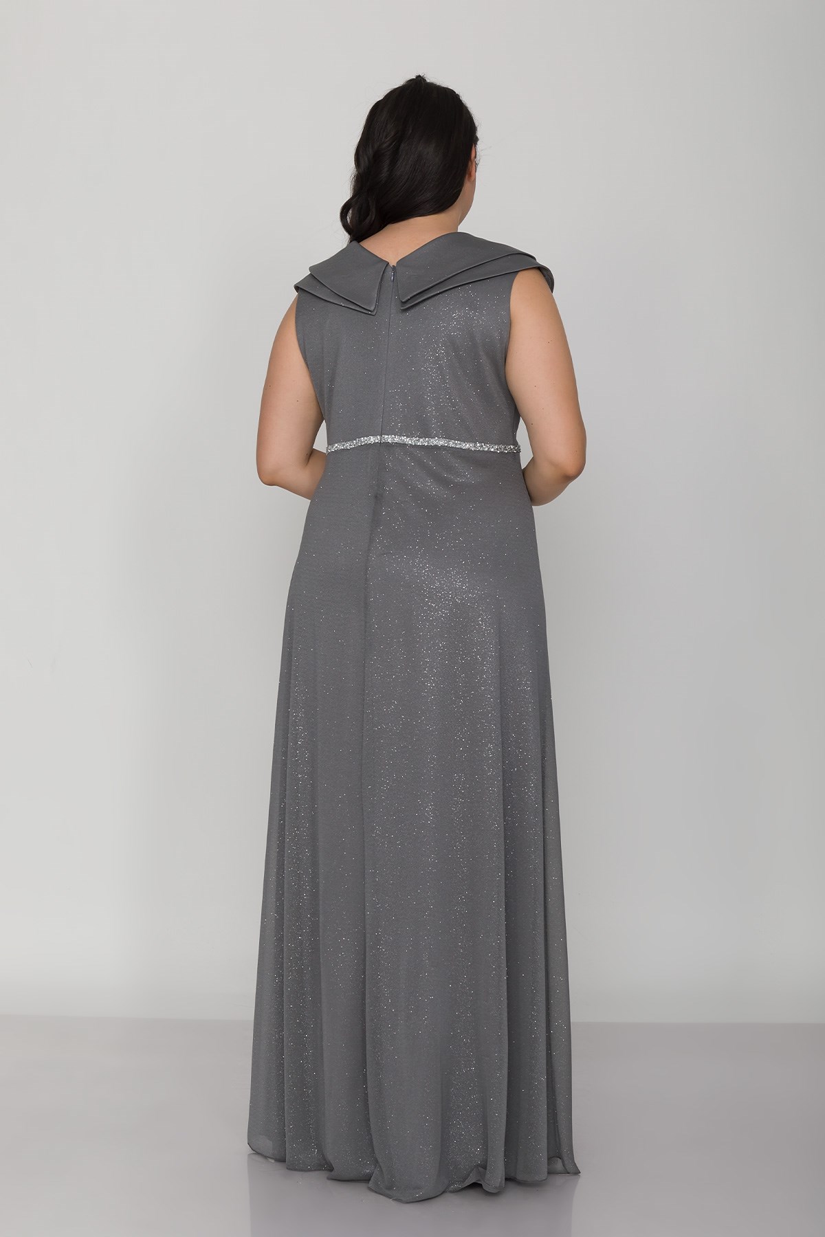 9247 Büyük Beden Çift Yaka Kruvaze Beli Şerit Simli Tül Elbise