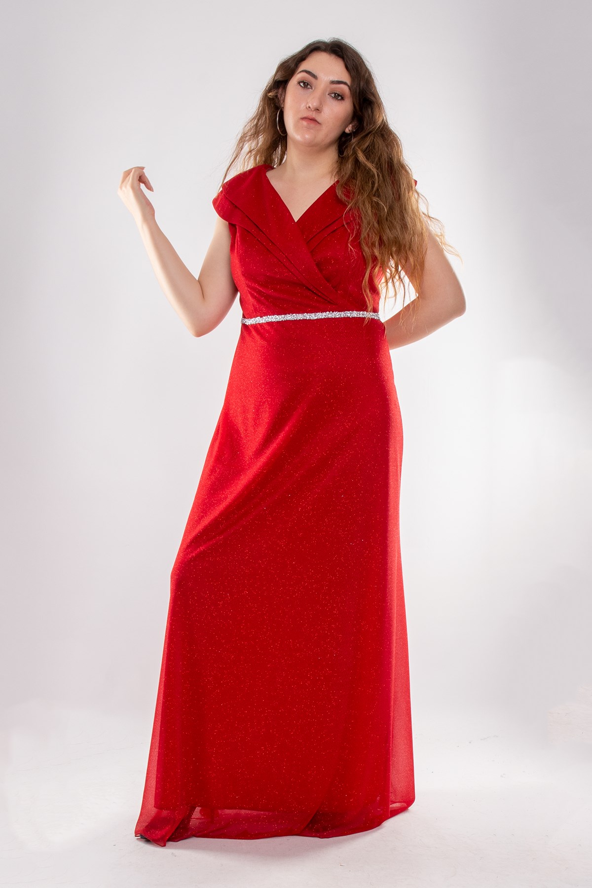 9247 Büyük Beden Çift Yaka Kruvaze Beli Şerit Simli Tül Elbise