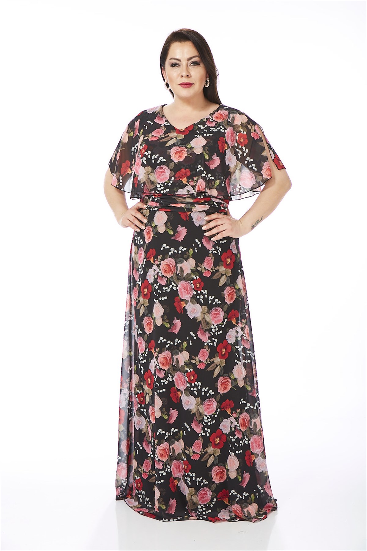 9258 BB Beli Büzgülü Çiçek Desen Uzun Şifon Elbise