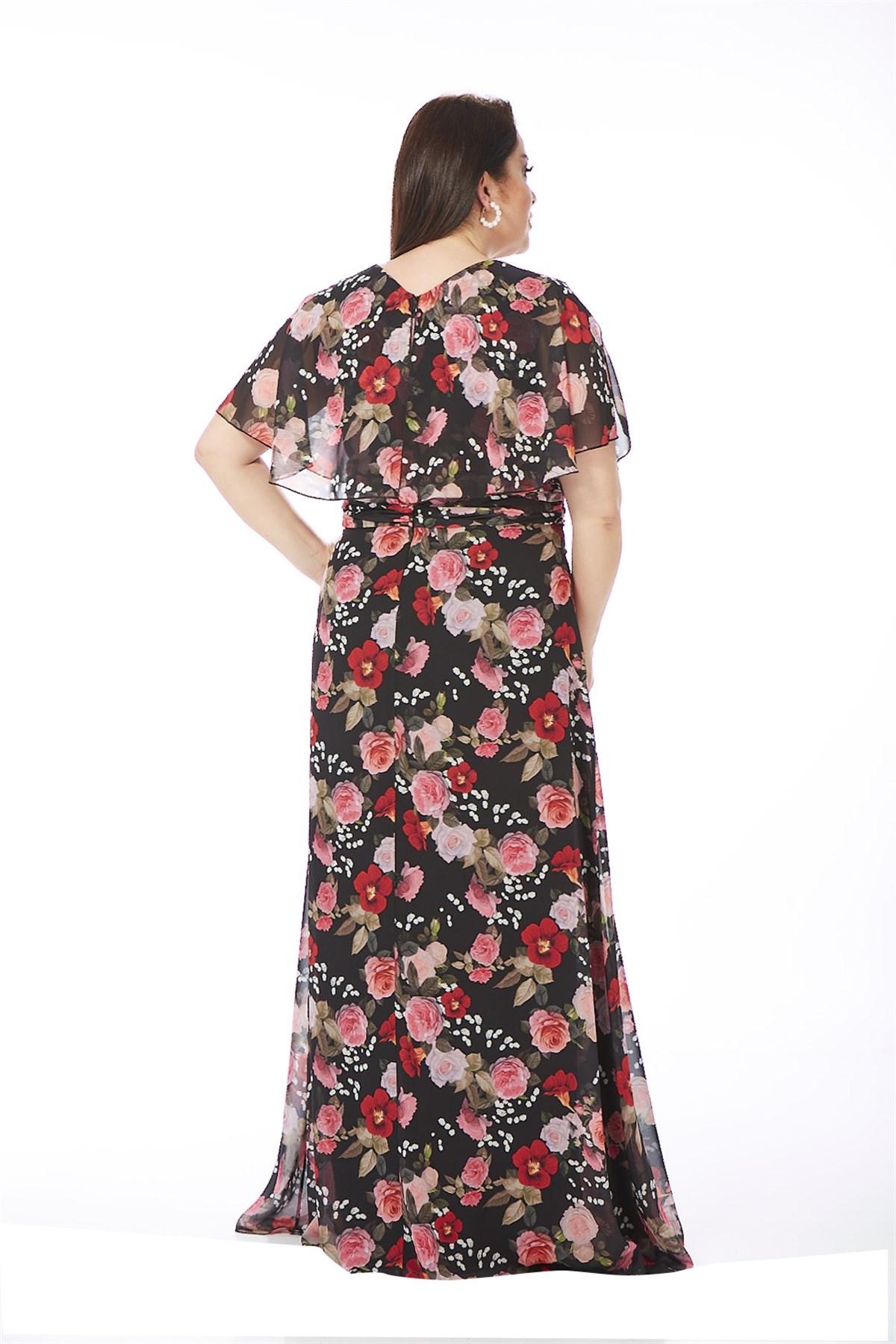 9258 BB Beli Büzgülü Çiçek Desen Uzun Şifon Elbise