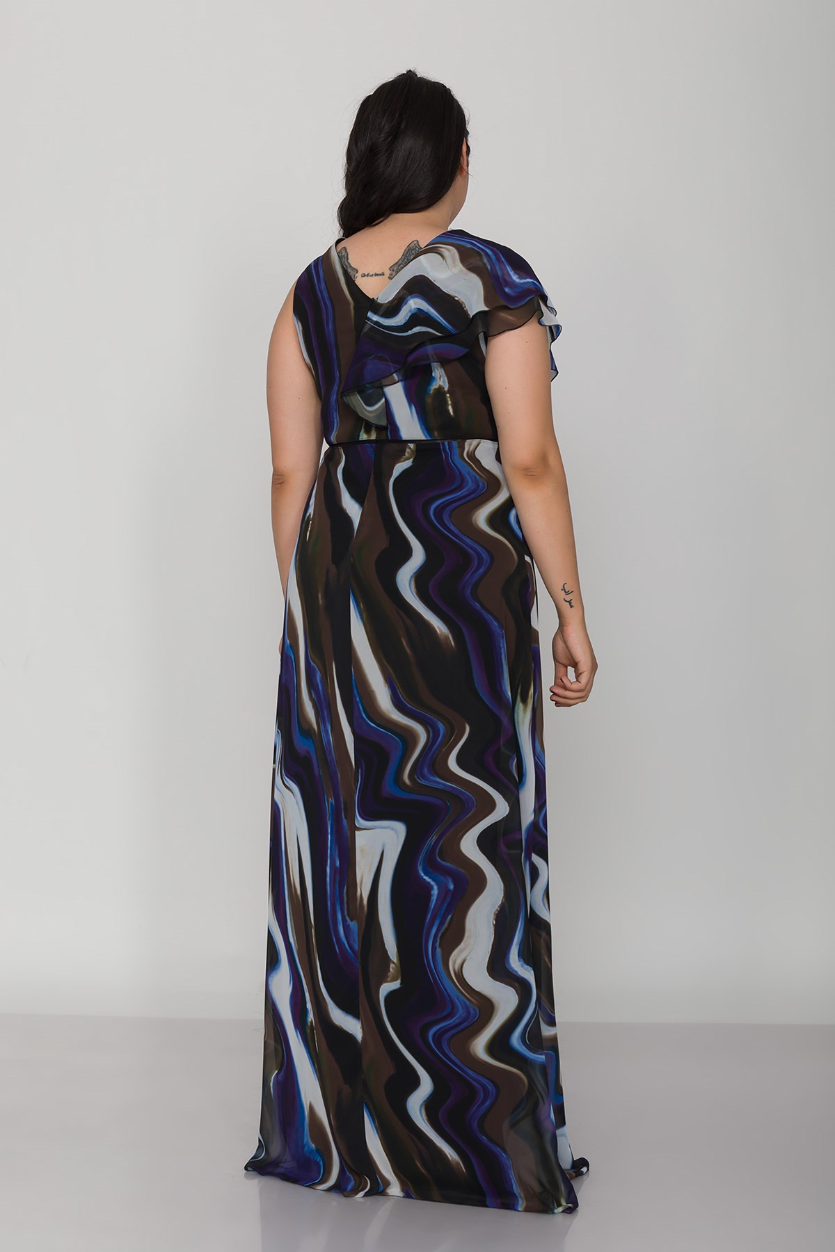 9280 Büyük Beden Omuz Valonlu Desenli Şifon Uzun Elbise