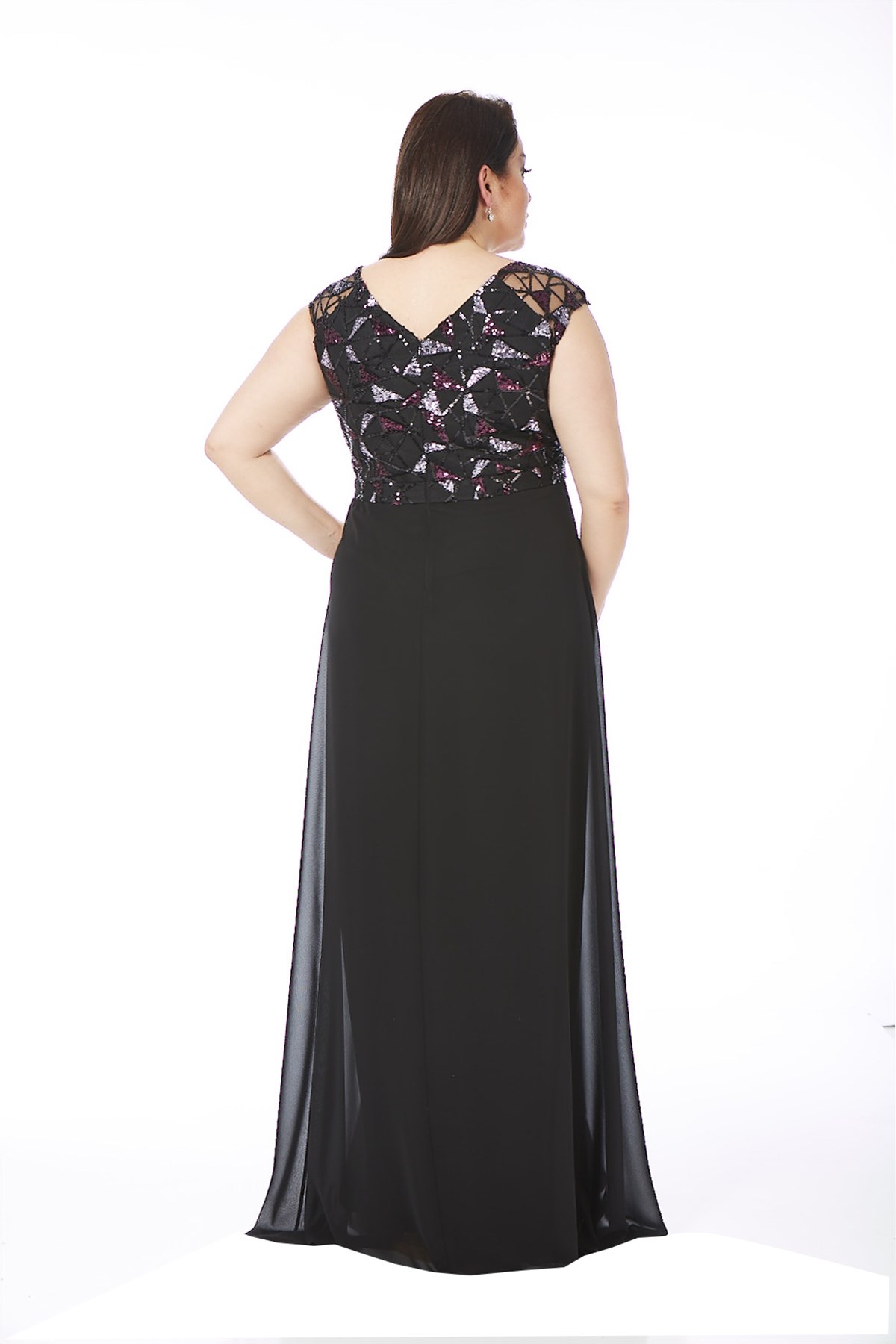 9290 BB Üzeri Renkli Geometrik Desen Şifon Elbise