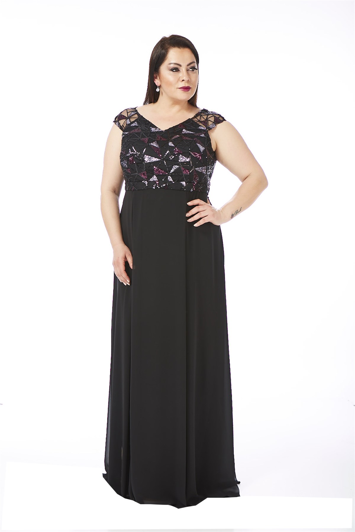 9290 BB Üzeri Renkli Geometrik Desen Şifon Elbise