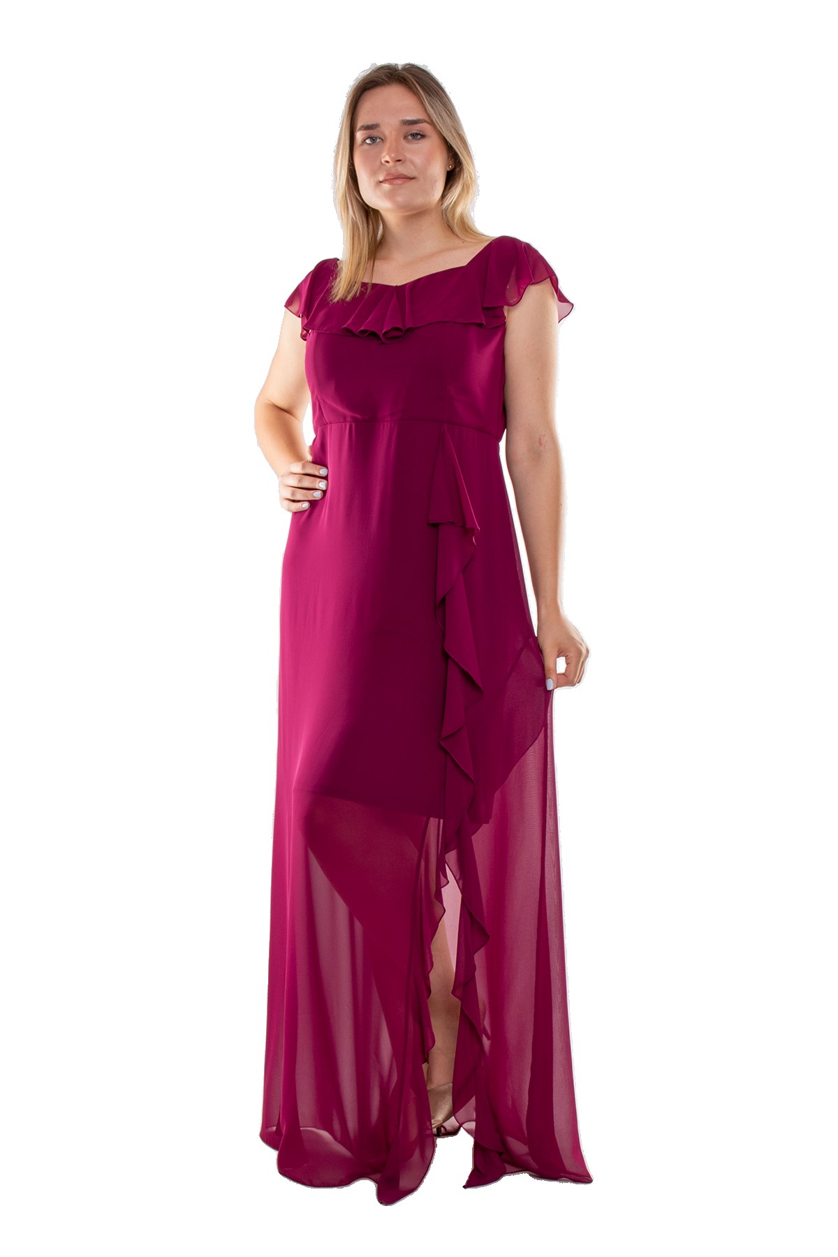 9305 BB Yakası Ve Önü Fırfır Detay Şifon Elbise