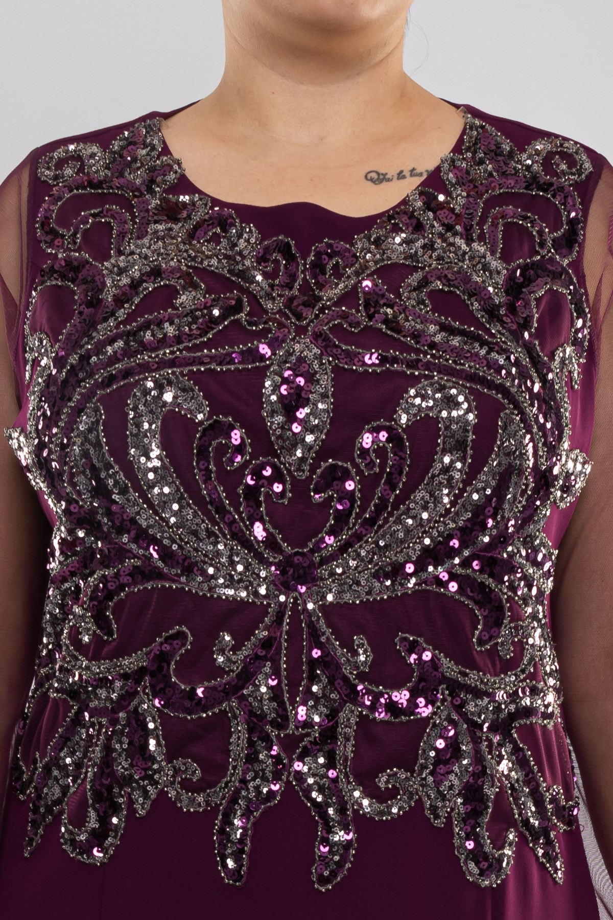 9311 BB Tül Kol Desenli Nakış İşl.Krep Elbise