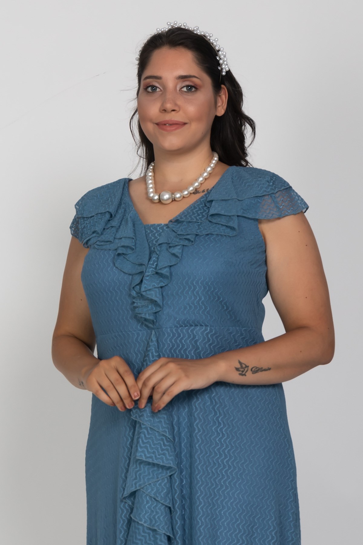 9312 Büyük Beden Vyaka Önü Valonlo Kolsuz Uzun Tül Elbise