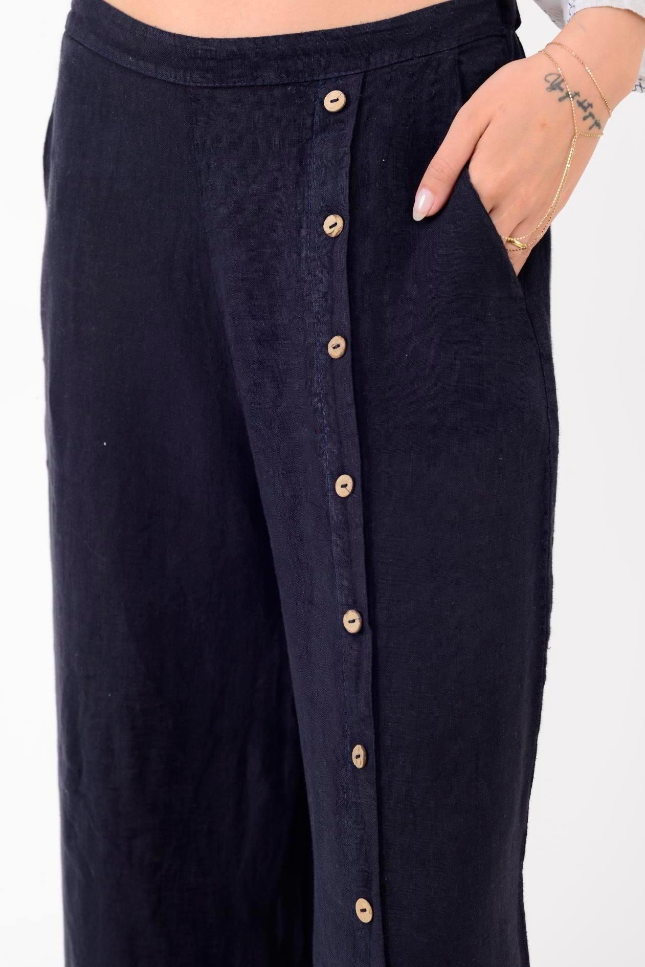 9320 Düğme Detay Düz Keten Pantolon