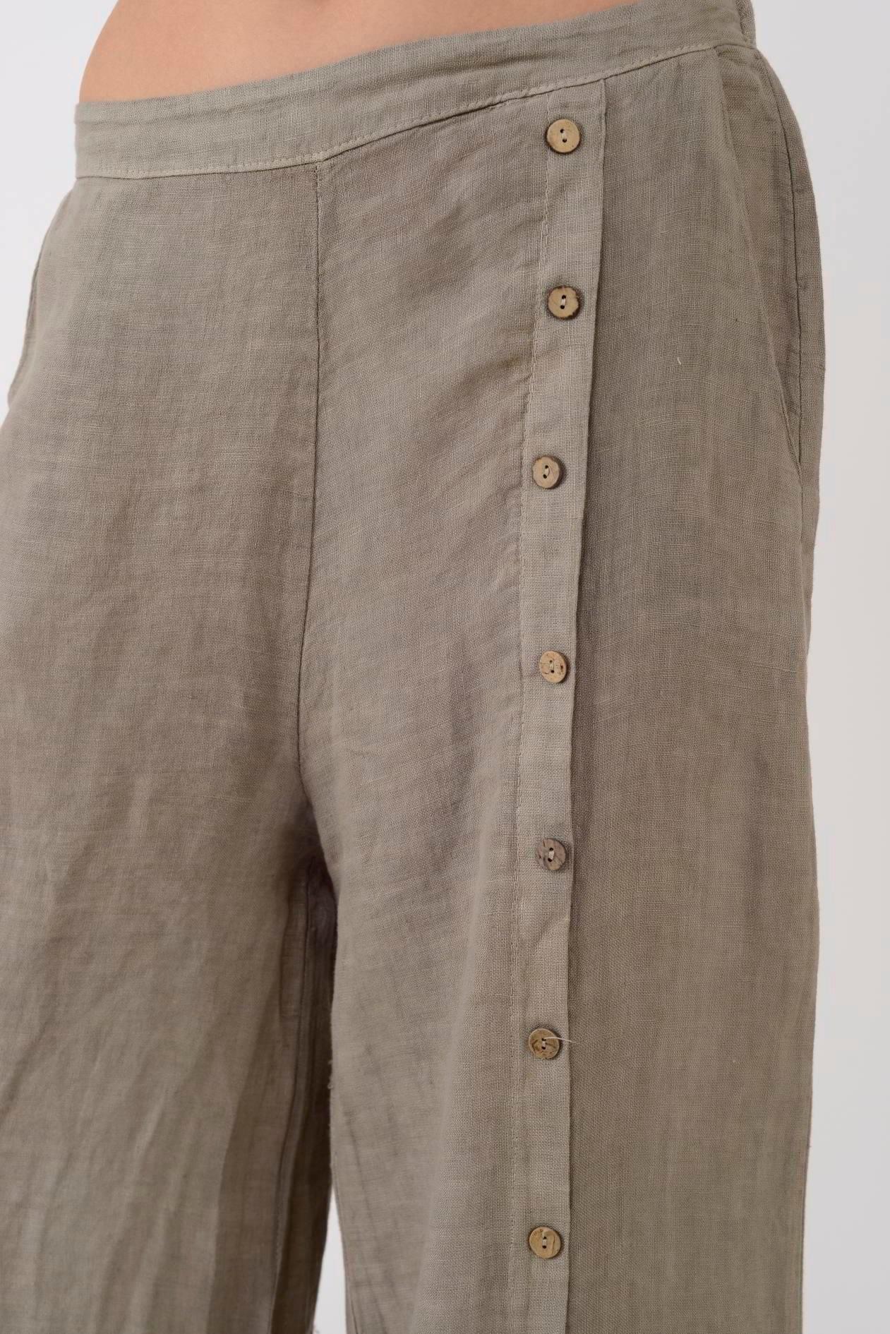 9320 Düğme Detay Düz Keten Pantolon