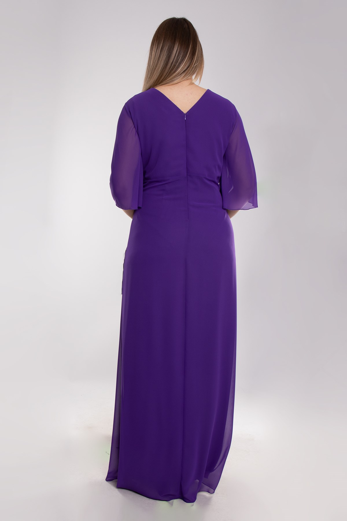 9407 Büyük Beden Mendil Kol Beli Drape Broşlu Uzun Elbise