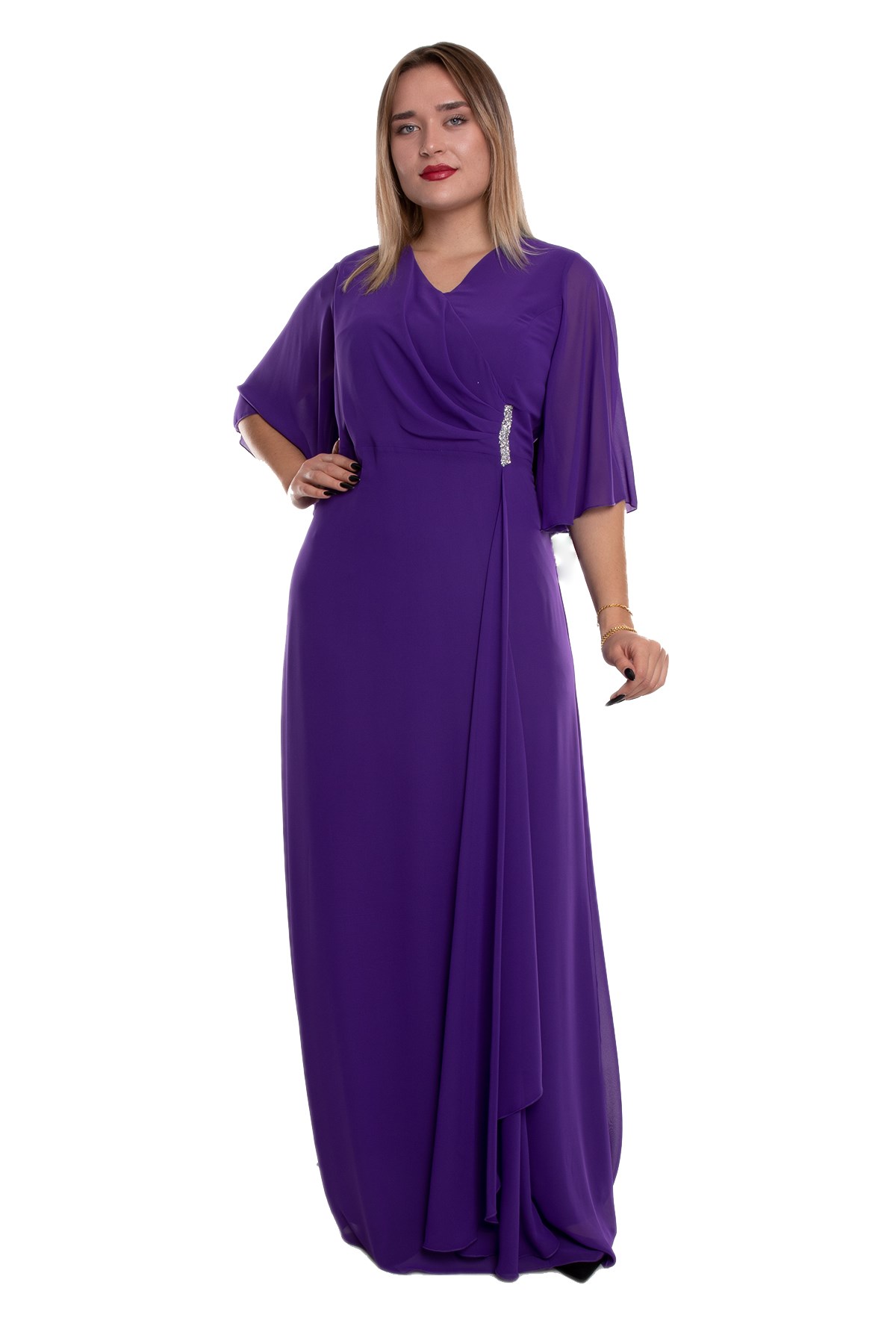 9407 Büyük Beden Mendil Kol Beli Drape Broşlu Uzun Elbise
