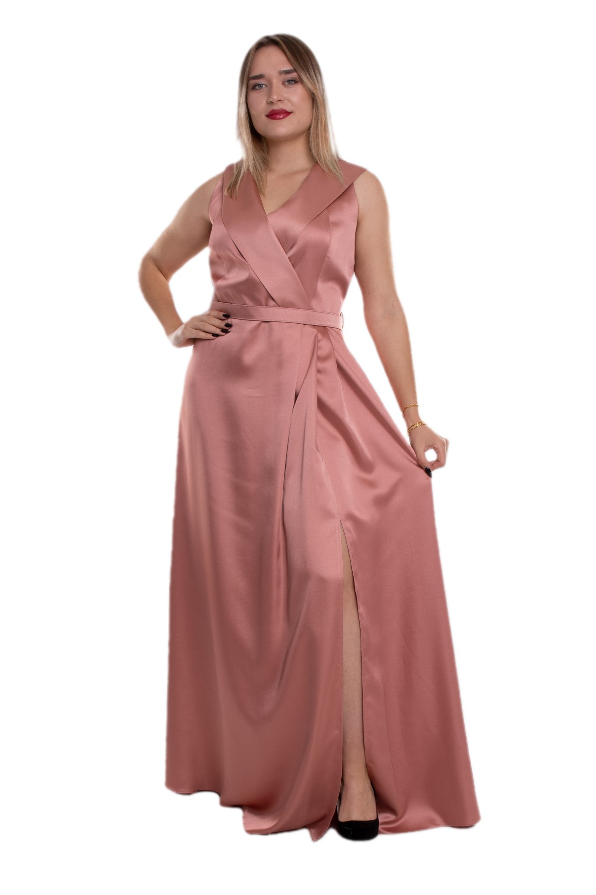 9423 Büyük Beden Kemerli Çift Yaka Uzun Saten Elbise