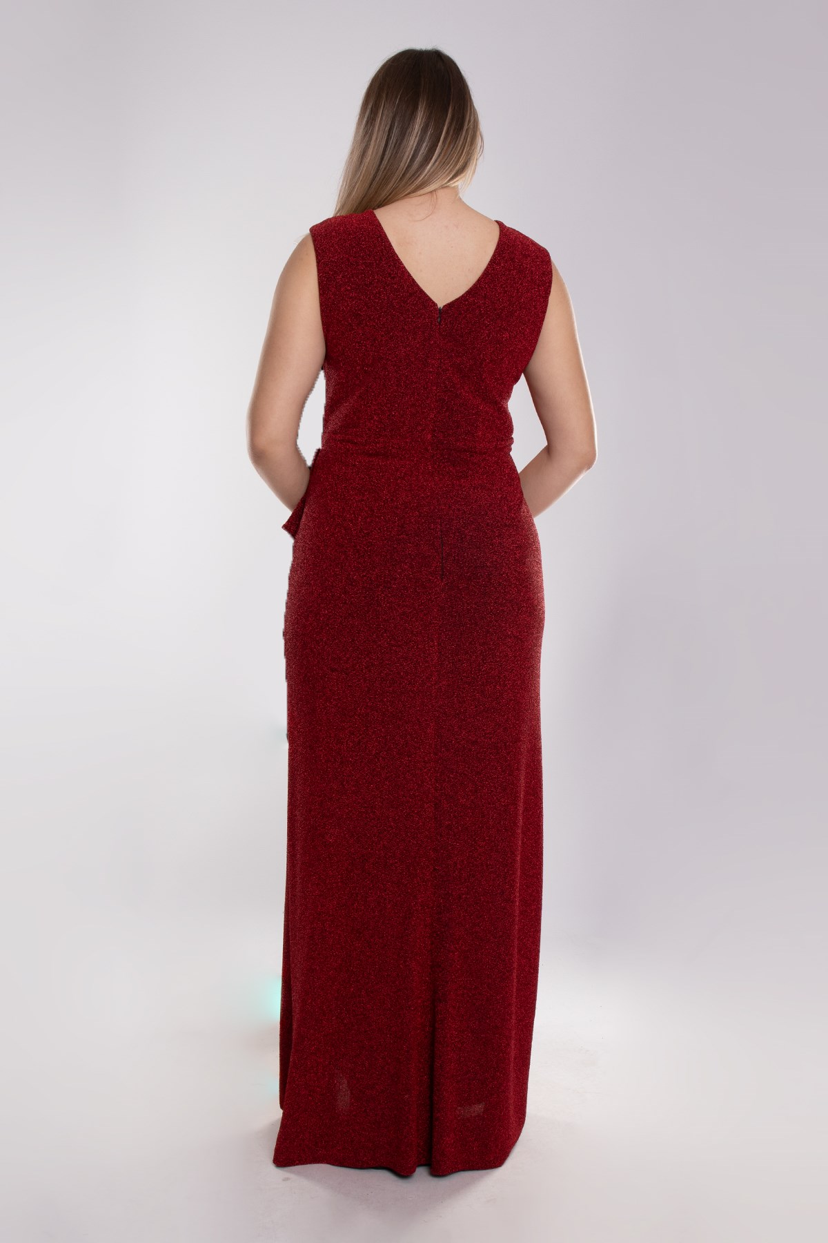 9424 Büyük Beden Yanı Drape Sim Kumaş Yırtmaçlı Uzun Elbise