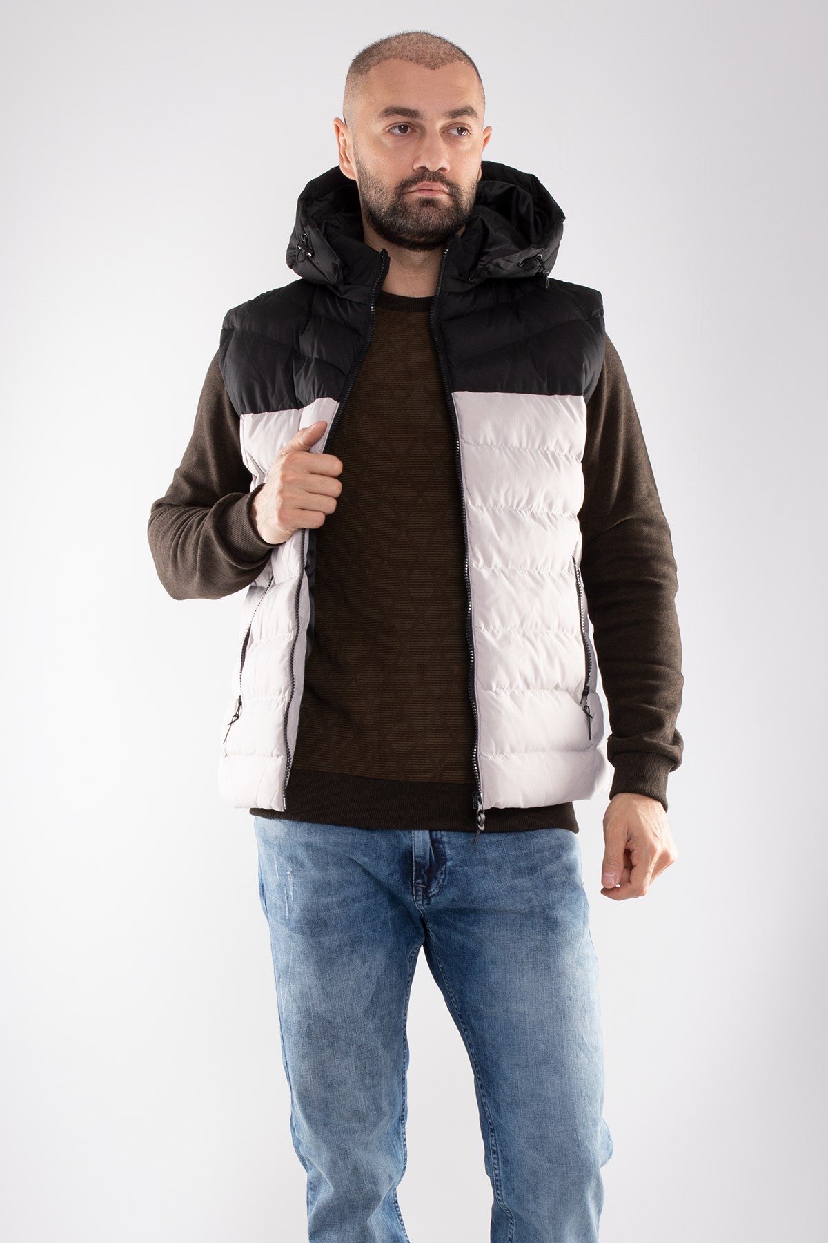 948-304 Slimfit İki Renkli Kapşonlu Erkek Şişme Yelek