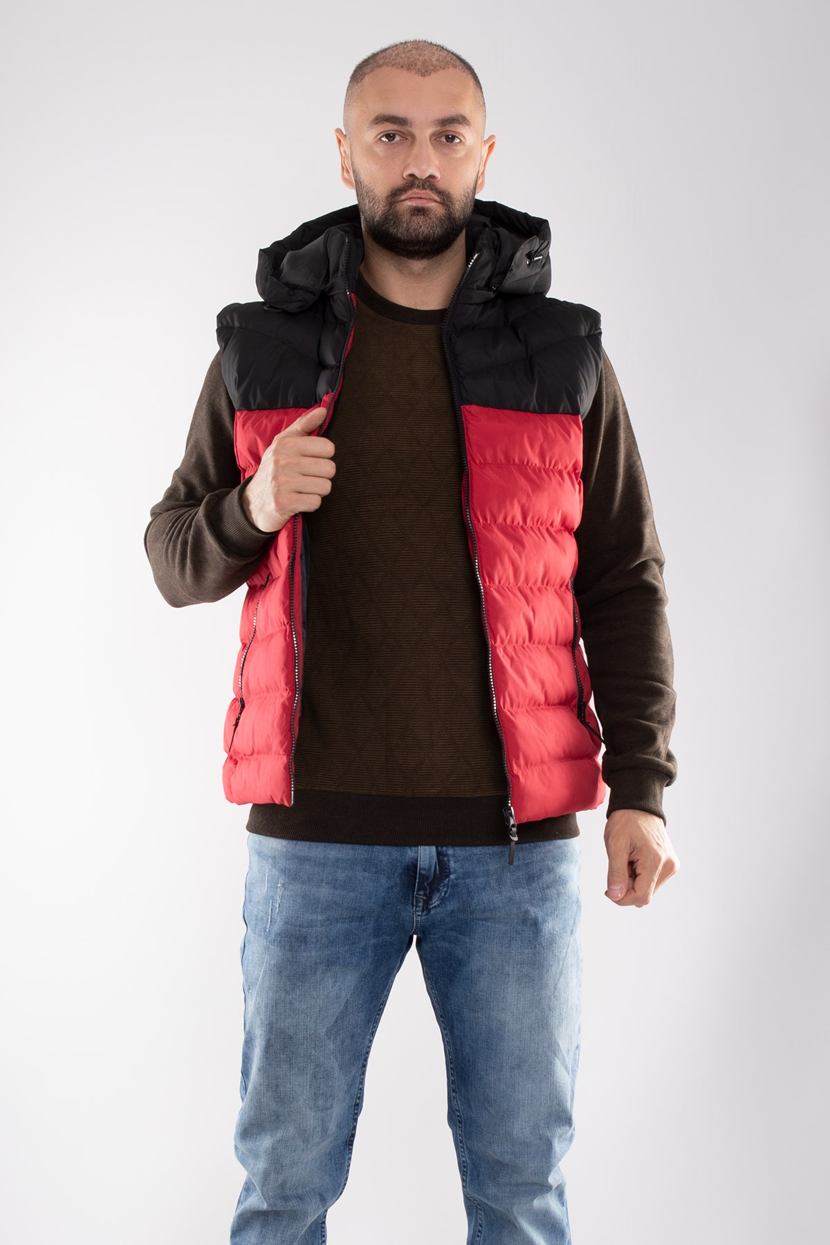 948-304 Slimfit İki Renkli Kapşonlu Erkek Şişme Yelek