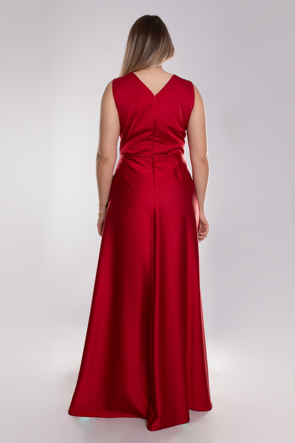 9490 Büyük Beden Kruvaze Yaka Kolsuz Uzun Saten Elbise