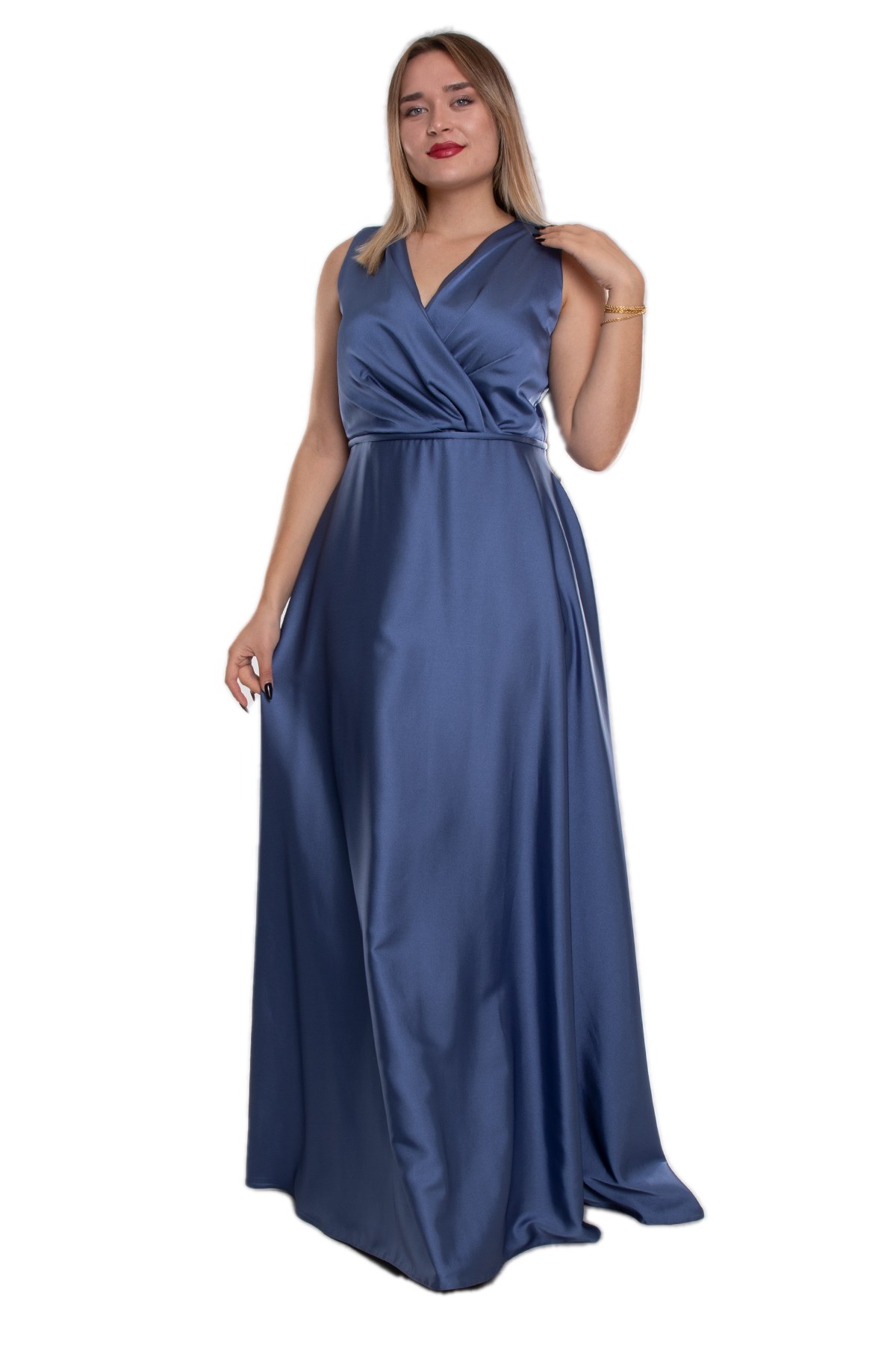 9490 Büyük Beden Kruvaze Yaka Kolsuz Uzun Saten Elbise