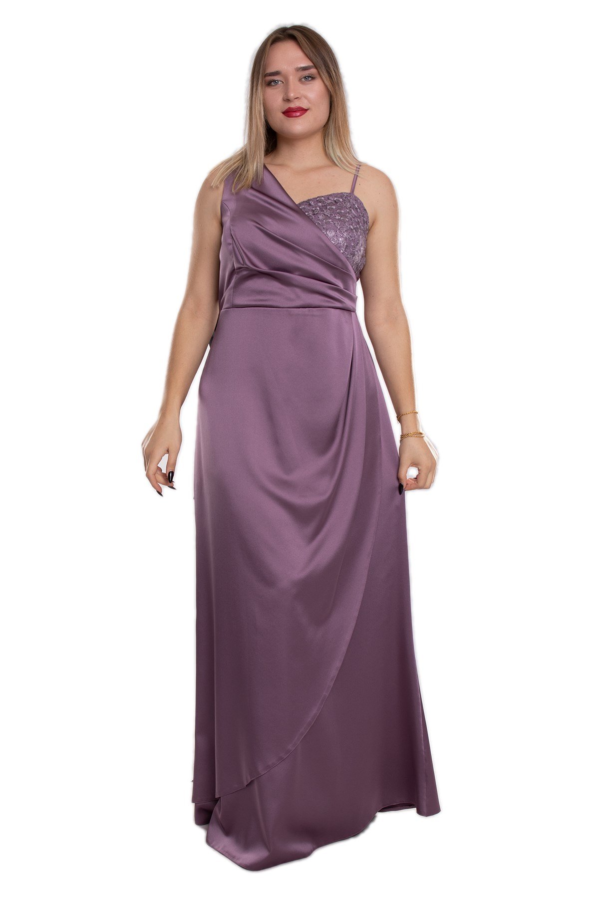 9495 Büyük Beden Tek Omuz Dantel Detay Pileli Saten Uzun Elbise