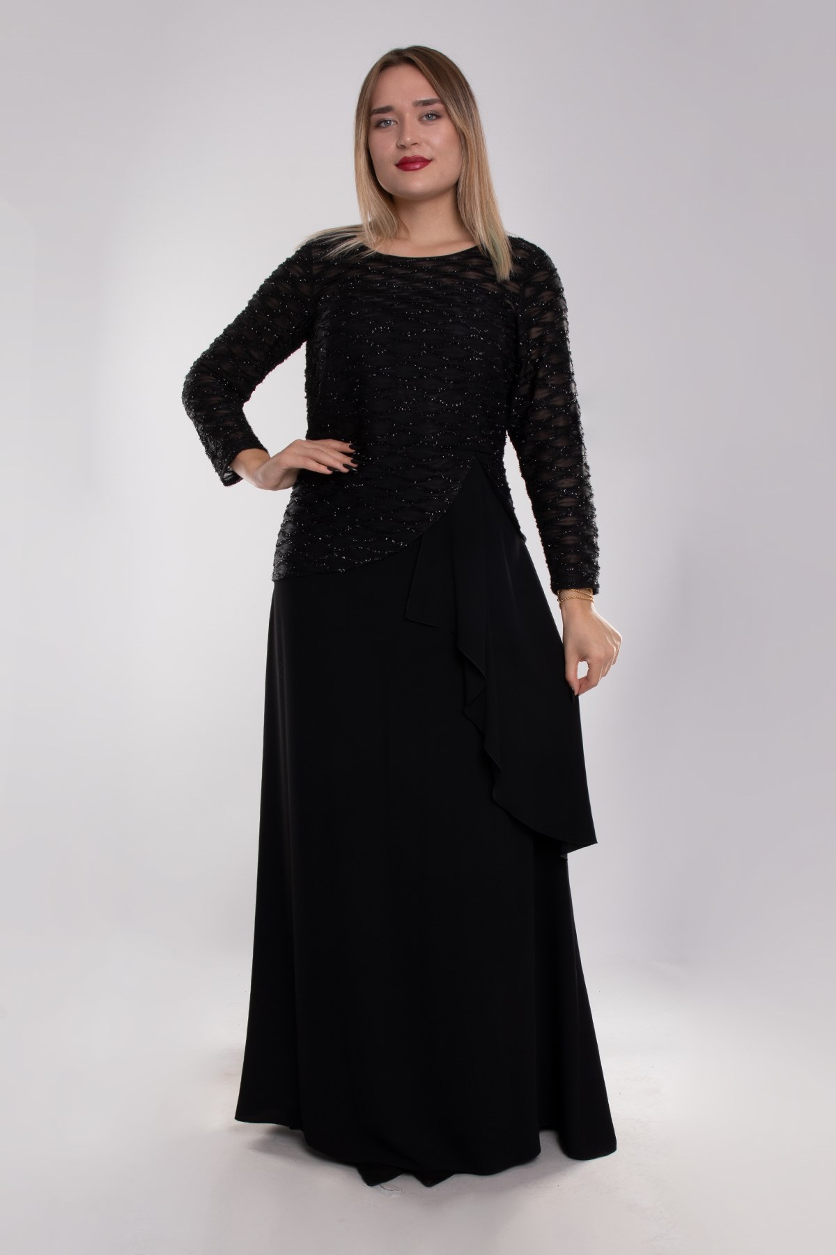 9497 Büyük Beden Suyolu Eteği Fırfırlı Tül Kol Krep Uzun Elbise