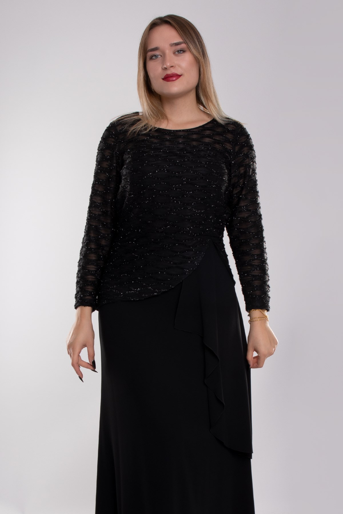 9497 Büyük Beden Suyolu Eteği Fırfırlı Tül Kol Krep Uzun Elbise