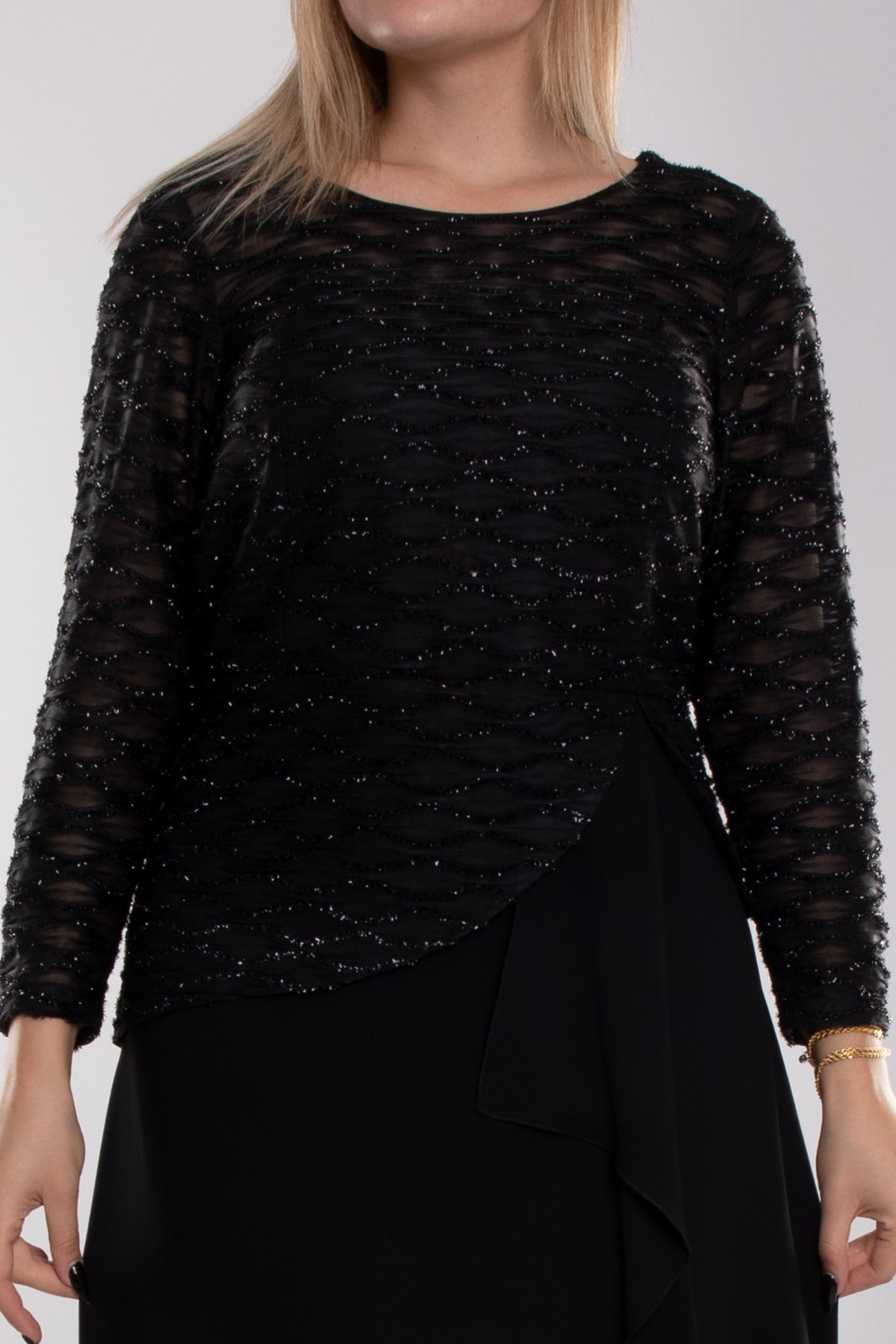 9497 Büyük Beden Suyolu Eteği Fırfırlı Tül Kol Krep Uzun Elbise